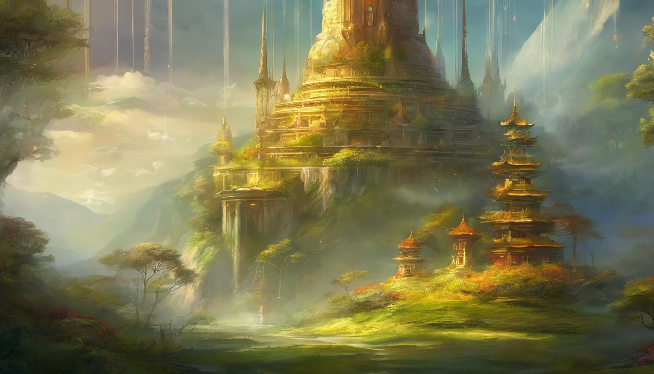 It depicts an ancient spiritual Buddhist setting where delicate buds are damaged by sudden hail and rain