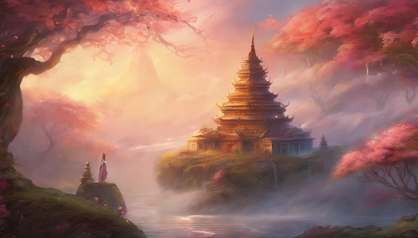 It depicts an ancient spiritual Buddhist setting where delicate buds are damaged by sudden hail and rain