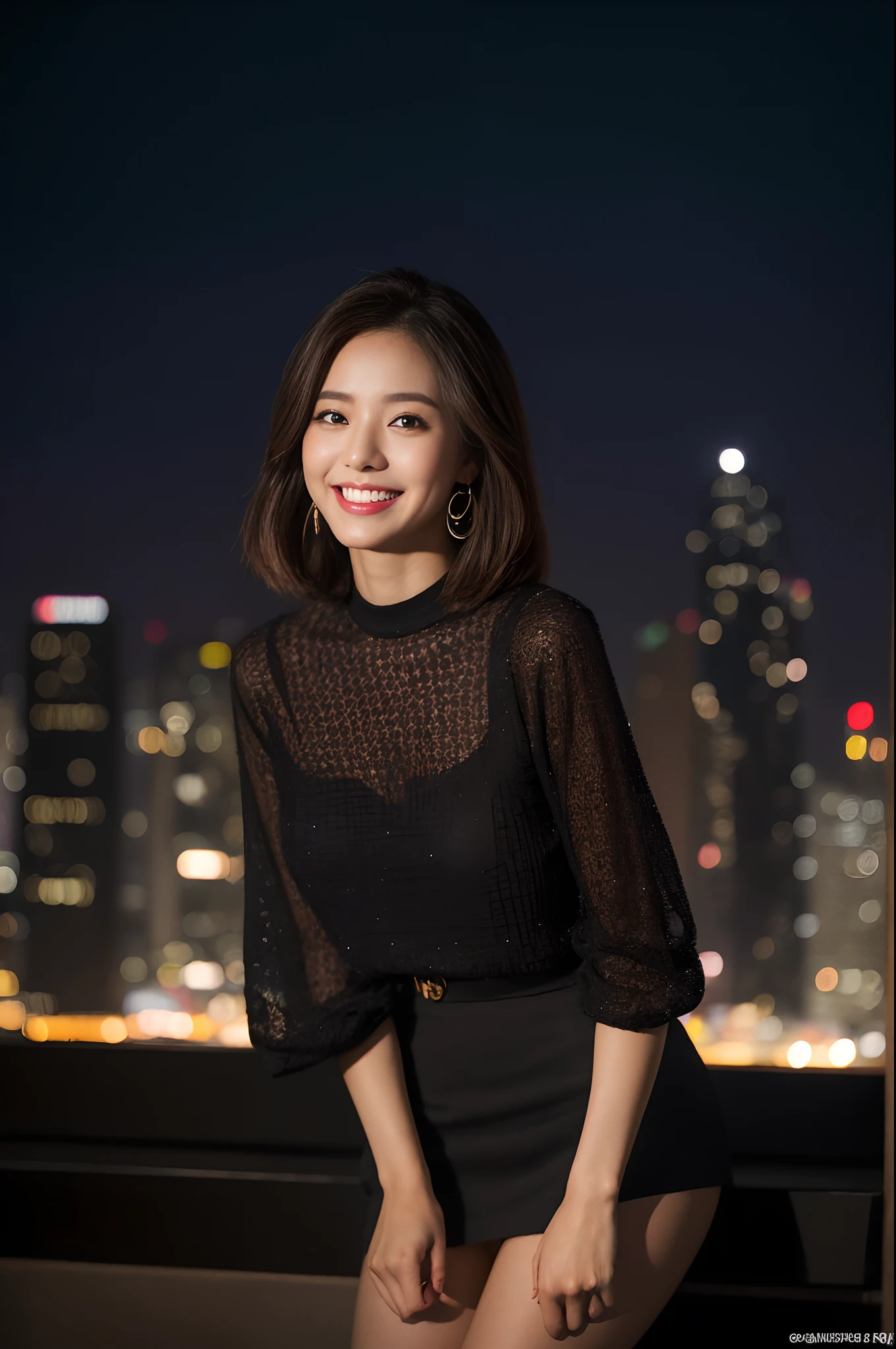 sexypose、cabelos preto e longos、Floating hair、 girl、Happy smile、Best Quality,masutepiece,hight resolution,Beautiful eyes,Detailed background,[Backlighting],(Face lighting),[Close View:0.8],(8K、Raw photography、top-quality、​masterpiece:1.2)、(realisitic、Photorealsitic:1.37)、ultra-detailliert、profetional lighting、Sony A7R4、Zessie 50mm f1.8、Rembrandt lighting（Rembrandt lighting）、Happy smile、Close to face、Looking at the camera、Tokyo at night、The background is、Autumn outfit、a miniskirt
