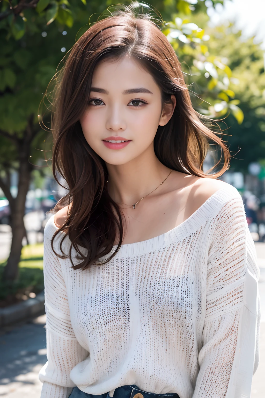 (8K,Raw photo、Raw photo、top-quality、Master masterpiece:1.2)、ultra-detailliert、Super Resolution、(Photorealsitic:1.3)、Angle to shoot from the front、Clearly draw shades of light、high resolution RAW color photos、professional photograpy、Same skin type as humans、Female proofreading of Japan from head to waist、Blur the background、Draws faithfully to anatomy、cafes、Very detailed and beautiful、Ultra-high image quality、long、Hair swaying and sexy、Very detailed beautiful girl、(Pink Eye Shadow)、smil、Plain clothe、The upper part of the body、Park on a sunny day、Loosely curly hair、Sweaters、turned around、