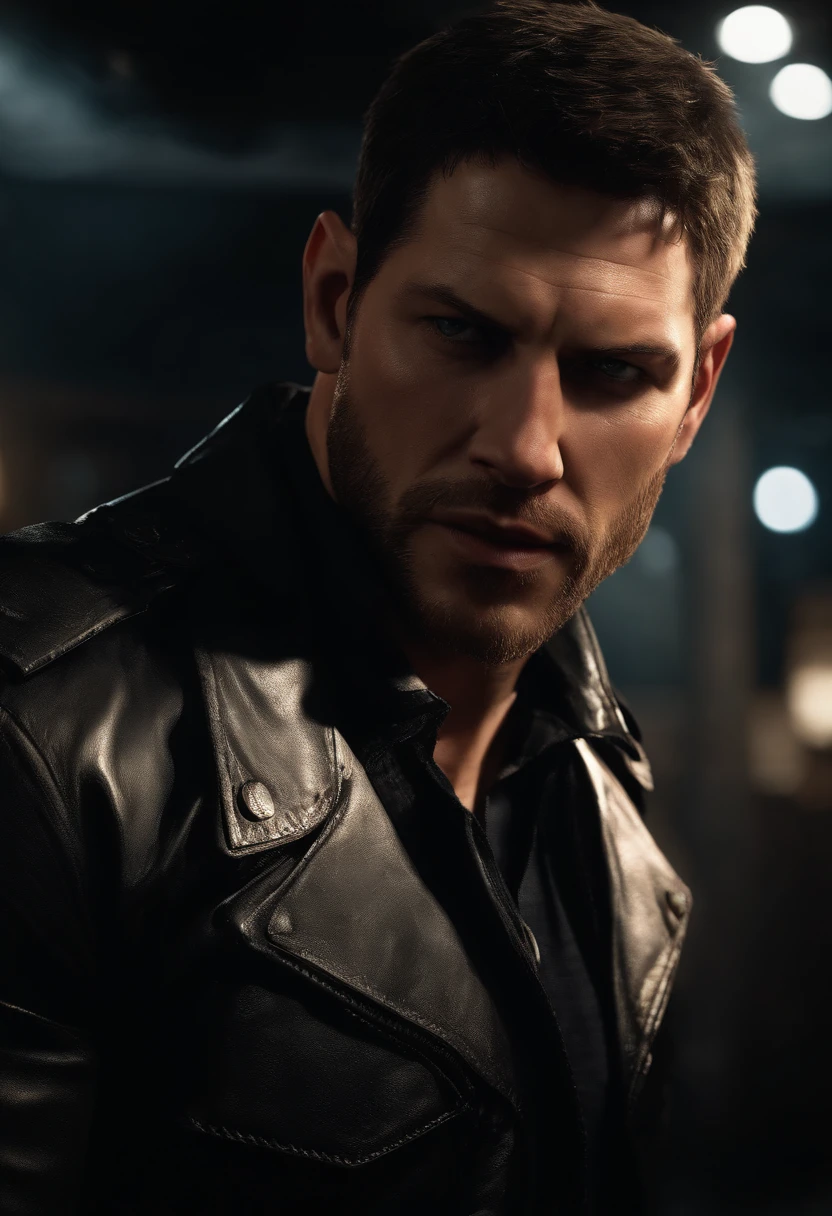 Chris Redfield from Resident Evil 5 in a black dress shirt and black leather jacket and black pants. Handsome