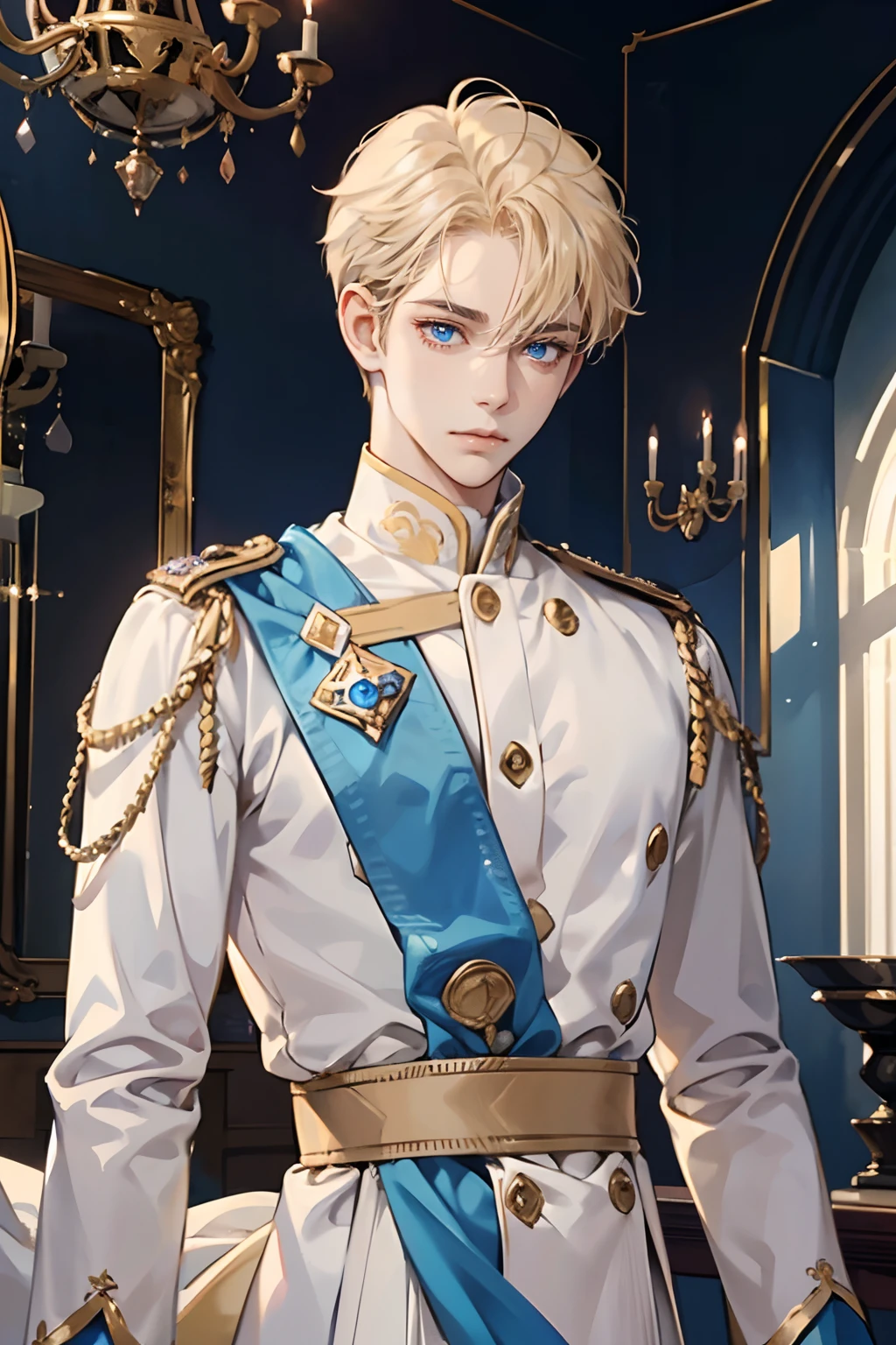 1boy, young male, Perfect male body,Eyes look at the camera, (prince, White royal costume, with short golden hair, Blue eyes, Sad expression),forehead,Ray tracing,Portrait, half body,(tmasterpiece, high resolution, ultra - detailed:1.0)
