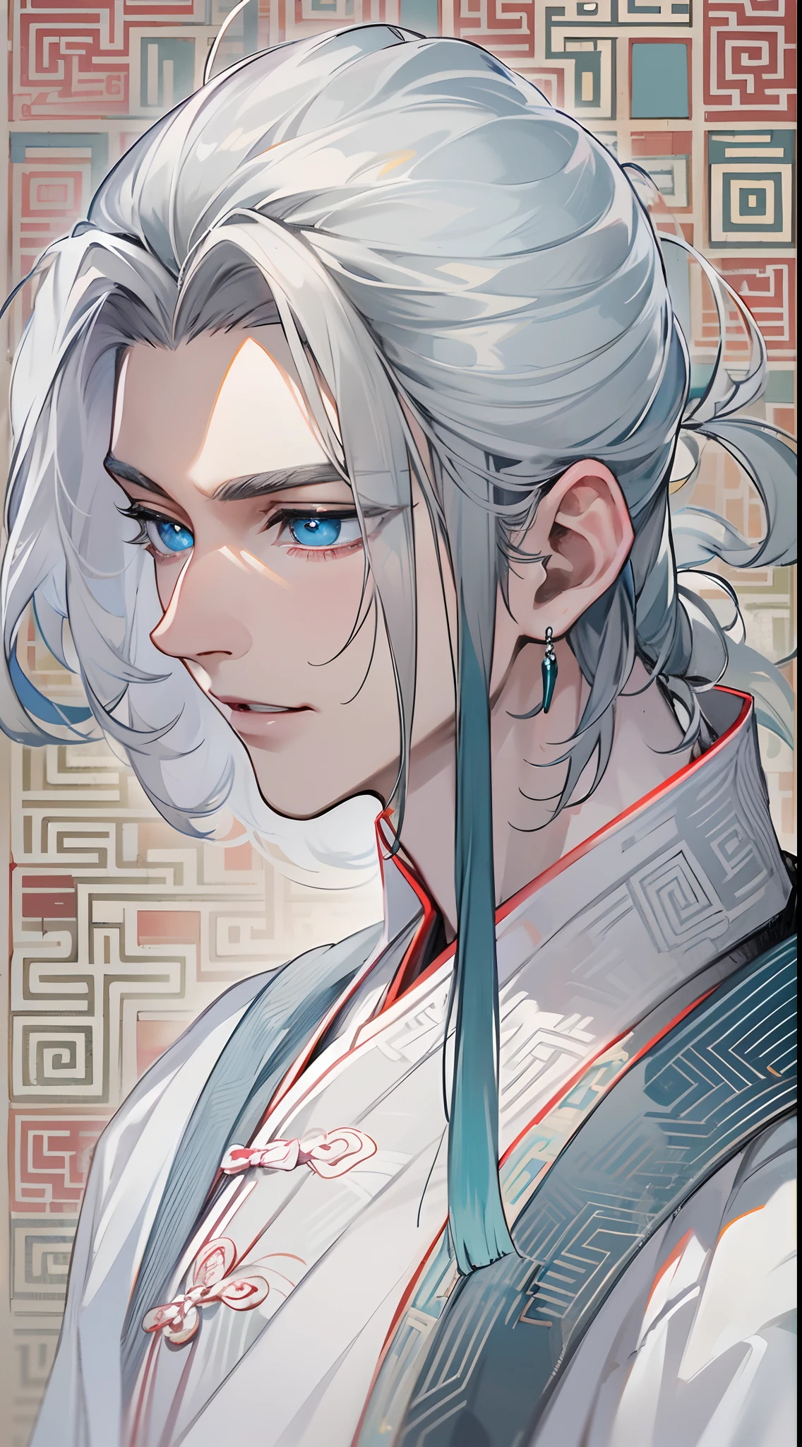 tmasterpiece,Need,超高分辨率,shoun,Chinese ancient style,(Short silver-gray hair,Single horsetail),blue color eyes,Libido boy
