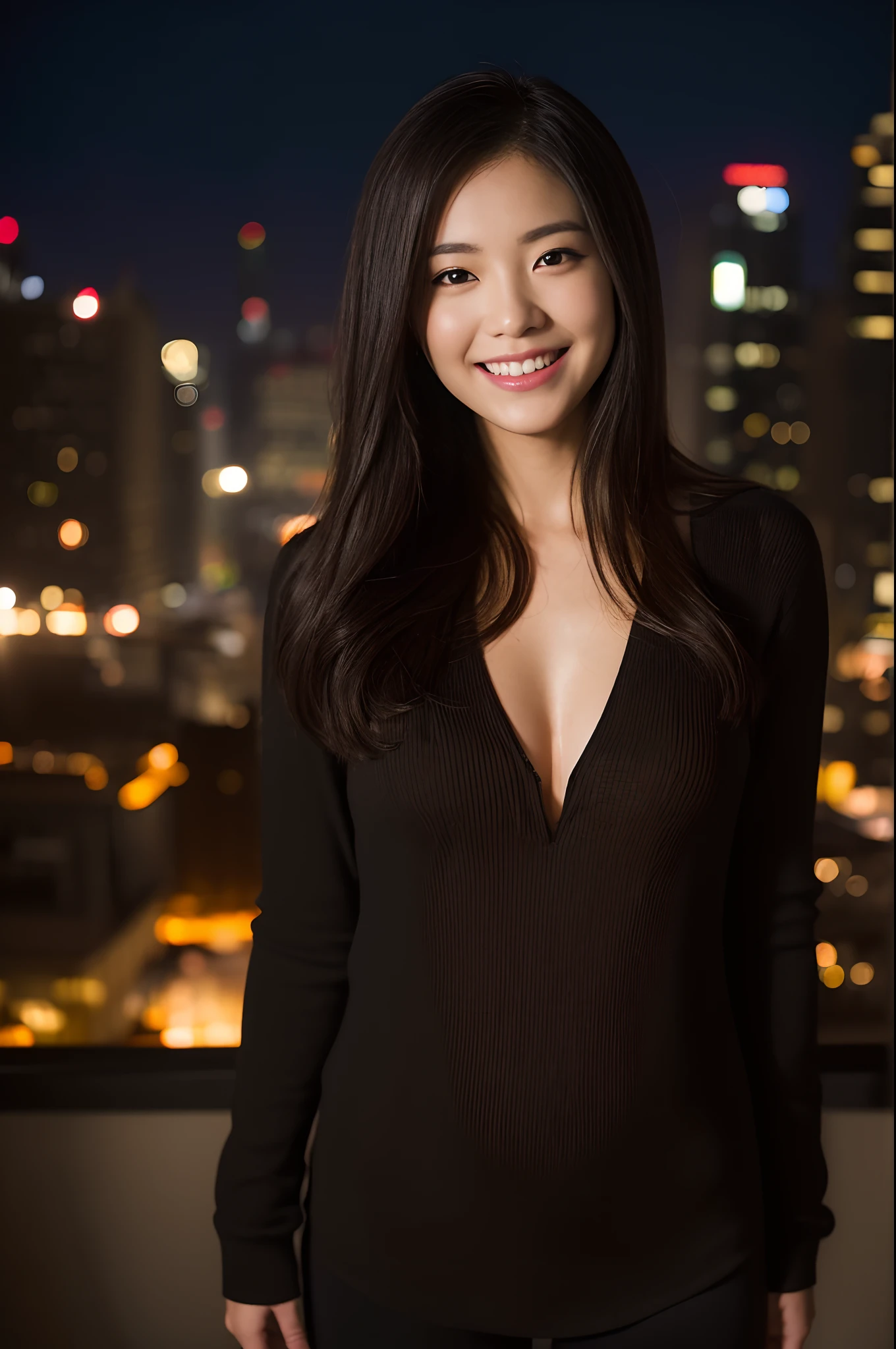 sexypose、cabelos preto e longos、Floating hair、17 year old girl、Happy smile、Best Quality,masutepiece,hight resolution,Beautiful eyes,Detailed background,[Backlighting],(Face lighting),[Close View:0.8],(8K、Raw photography、top-quality、​masterpiece:1.2)、(realisitic、Photorealsitic:1.37)、ultra-detailliert、profetional lighting、Sony A7R4、Zessie 50mm f1.8、Rembrandt lighting（Rembrandt lighting）、Happy smile、Close to face、Looking at the camera、Tokyo at night、The background is、Autumn outfit、a miniskirt