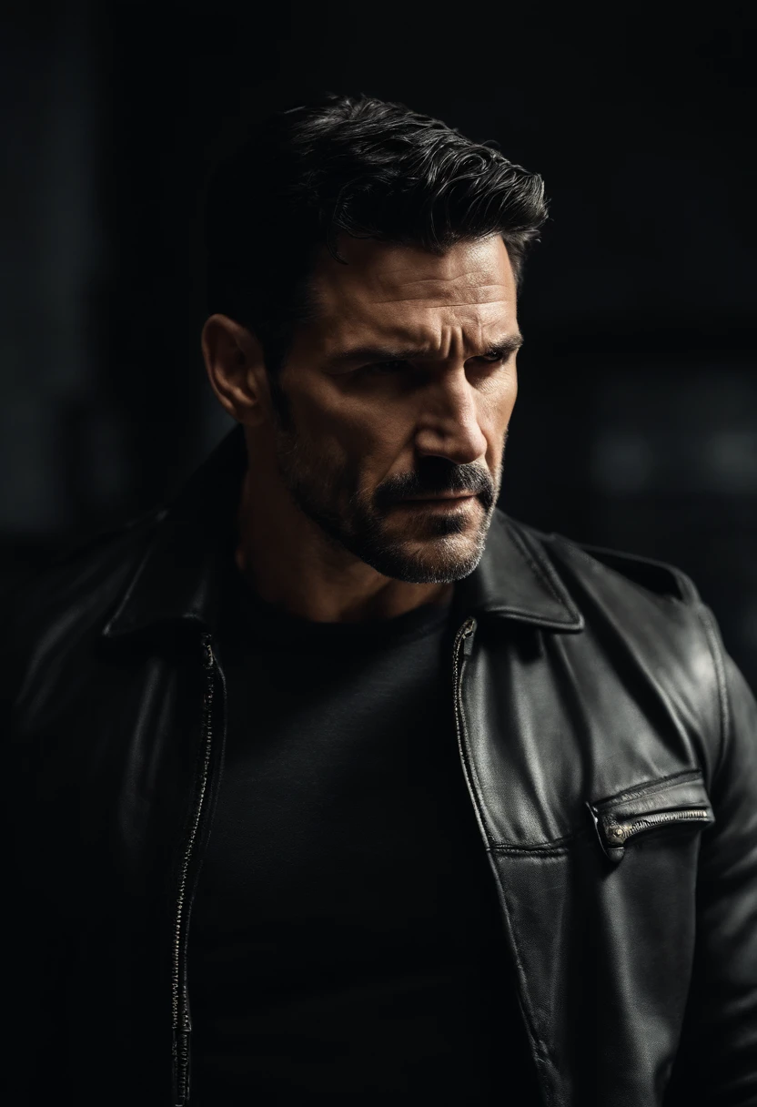 Frank Castle handsome wearing a grey shirt and black leather jacket.