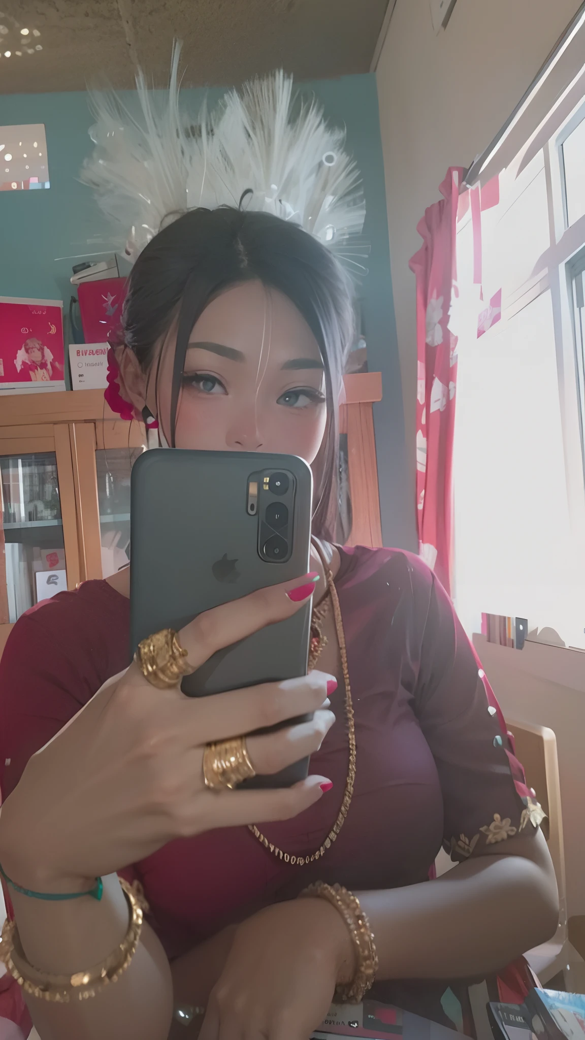 The office district of the near future、Office worker using a smartphone mounted on his arm。Beauty OL,Holograms displayed from a smartphone on your arm、