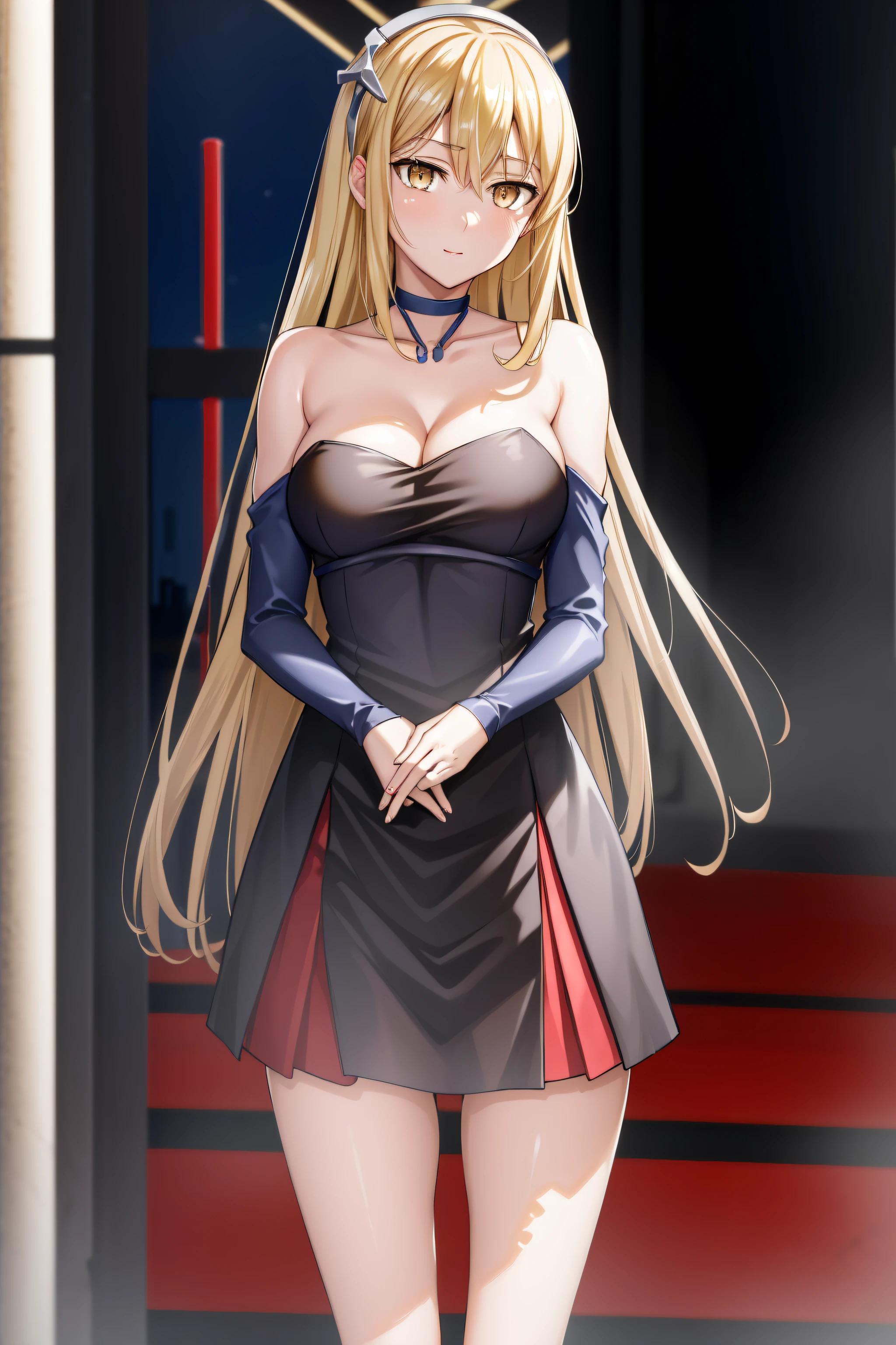 (Night:1.7), Japan, Tokyo, CityView, Before Window,
Standing at attention,
red_choker,cleavage, collarbone,bare_shoulders,black_Pencil_skirt,White_shirt,bare_arms,
aiz wallenstein, blonde hair, hair between eyes, hairband, long hair, (yellow eyes:1.5), sidelocks,
1 girl, 20yo,young female,Beautiful Finger,Beautiful long legs,Beautiful body,Beautiful Nose,Beautiful character design, perfect eyes, perfect face,
looking at viewer,,seductive anime girl.teasing smile, 
NSFW,official art,extremely detailed CG unity 8k wallpaper, perfect lighting,Colorful, Bright_Front_face_Lighting,
(masterpiece:1.0),(best_quality:1.0), ultra high res,4K,ultra-detailed,
photography, 8K, HDR, highres, absurdres:1.2, Kodak portra 400, film grain, blurry background, bokeh:1.2, lens flare, (vibrant_color:1.2)
(Beautiful,large_Breasts:1.4), (beautiful_face:1.5),(narrow_waist),(perfect hands, perfect anatomy)