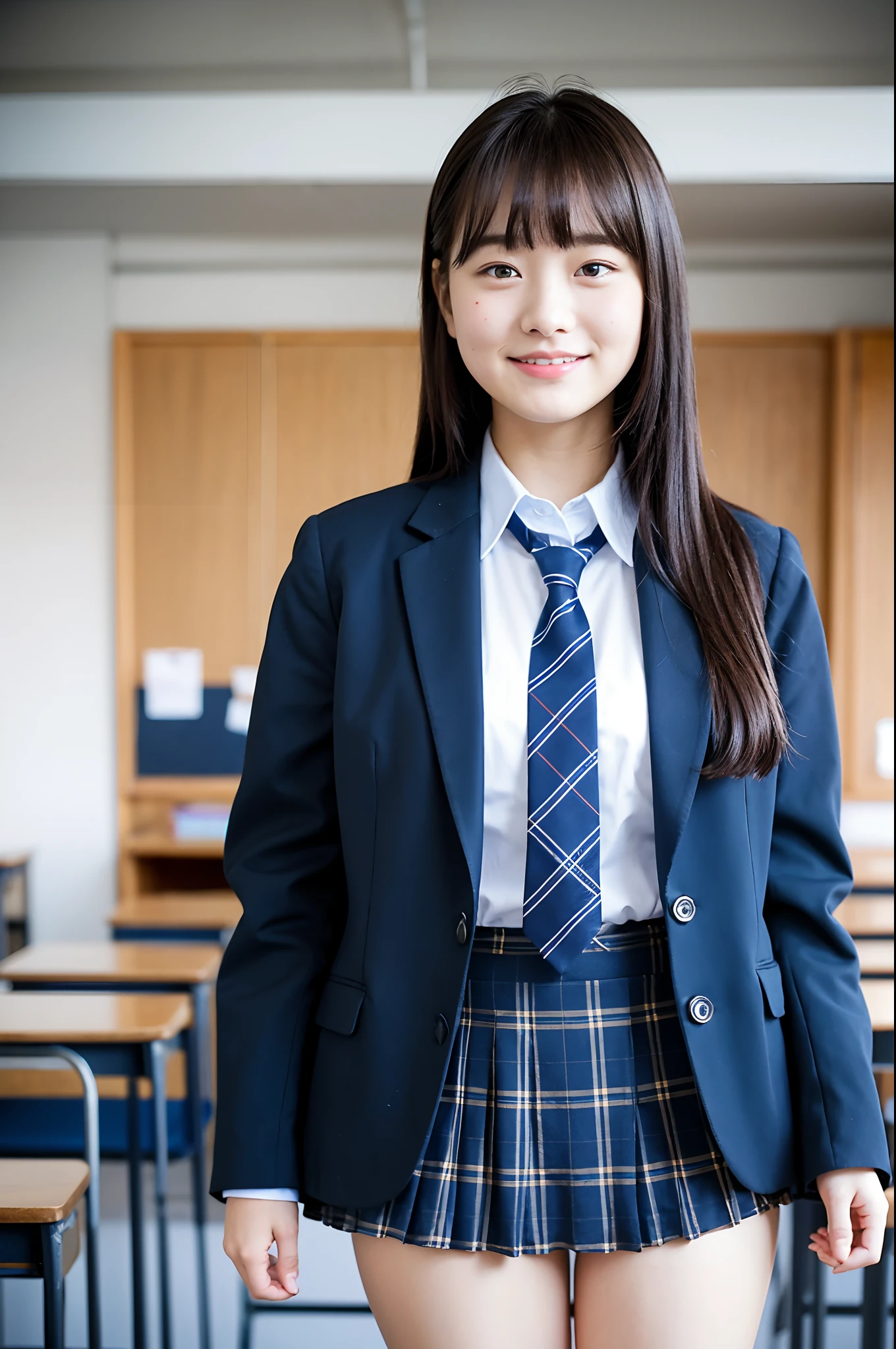 girl standing in school classroom,school uniform with blue tie,dark blue blazer,blue plaid skirt,18-year-old,bangs,a little smiles,thighs,knees,from below