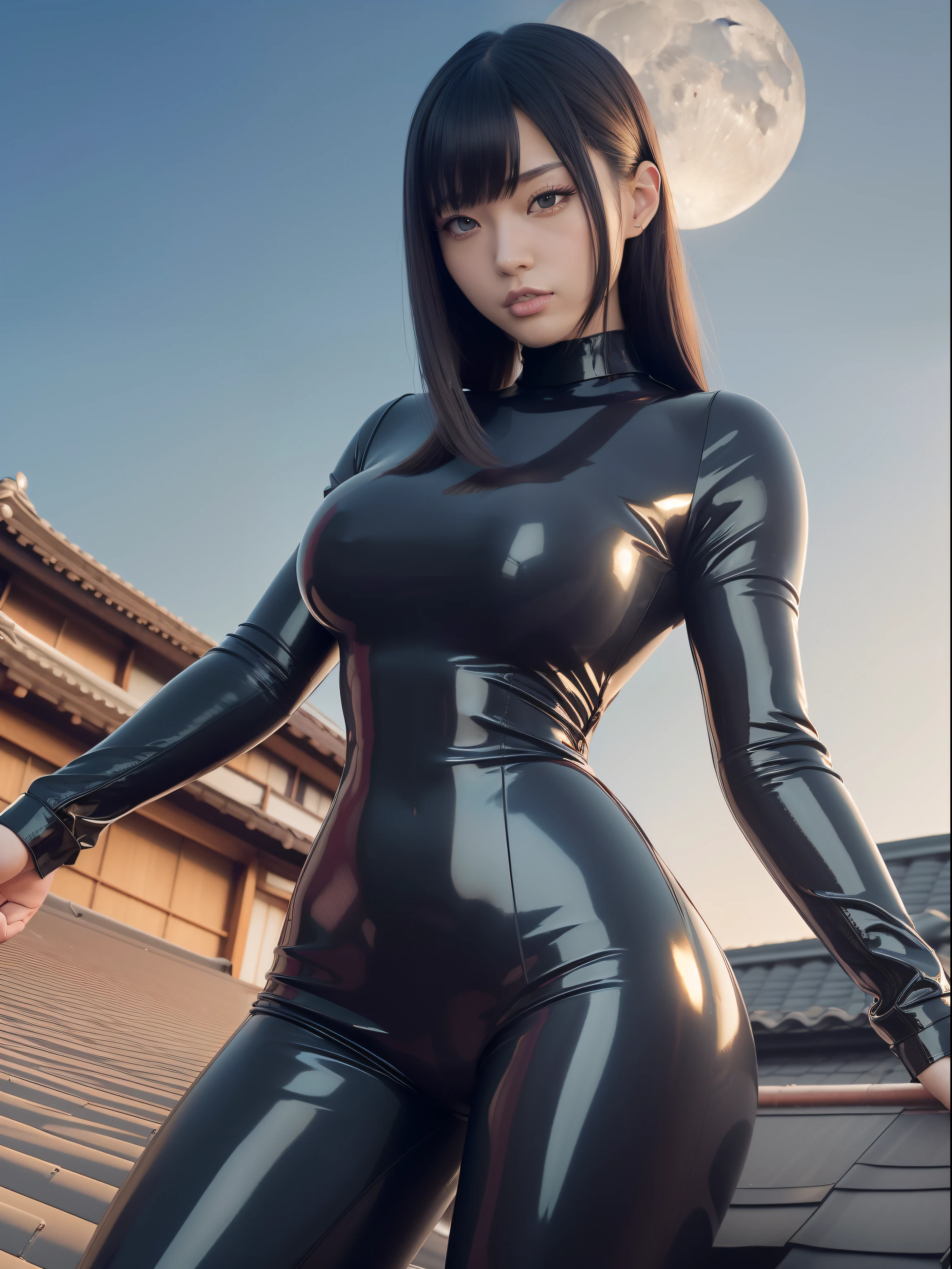 masutepiece,A hyper-realistic,32K,the Extremely Detailed CG Unity 8K Wallpapers, Best Quality,(1 Beautiful Japan Woman),bobhair,Dark heroine,(((Latex athletic clothing))),Skin fit,(low angles),a moon,(Film grain:1.2), (Film Overlay:1.3), On the roof of a building