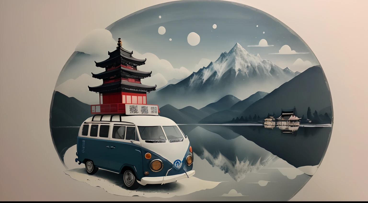 Volkswagen Kombi, mountain, lake, traditional ink painting Drawing on rice paper Use thick, transparent ink to create light and dark variations and layers, from houses to pagodas roofs. traditional Chinese art, traditional Chinese painting, blotting ink painting, blotting ink painting, Chinese painting style.