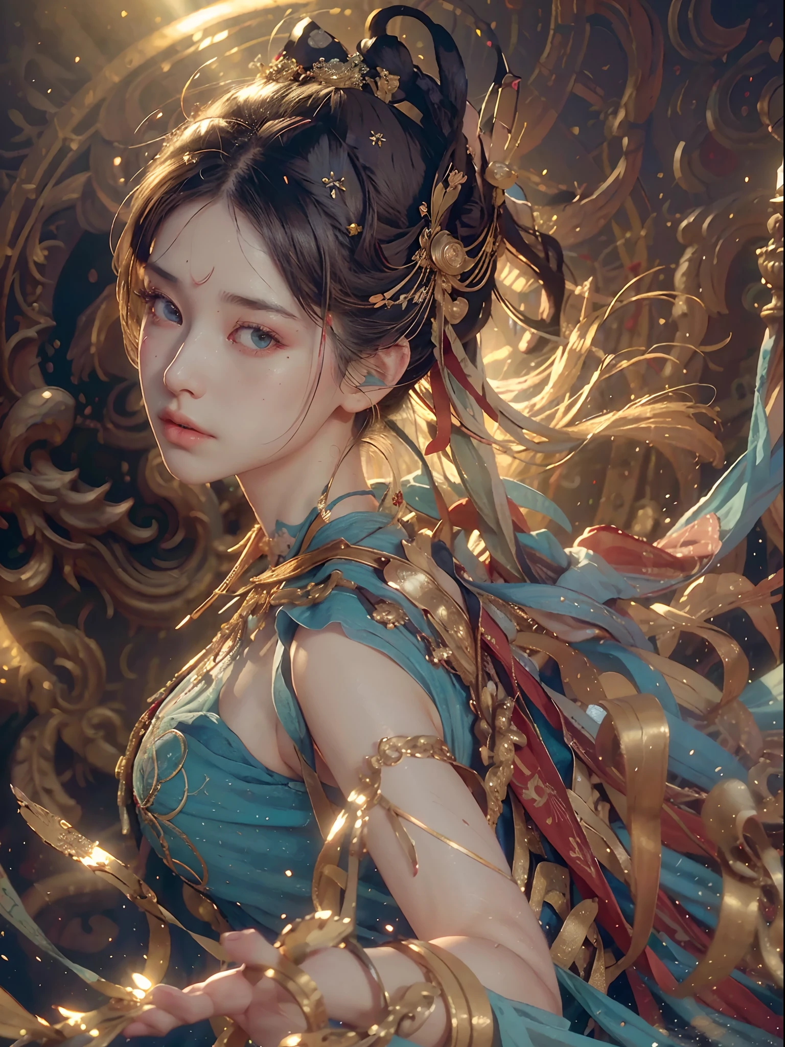 (RAW photo, best quality), (realistic, photo-realistic:1.3),best quality,highly detailed,masterpiece,ultra-detailed,illustration,1girl,upper_body,dynamic angle,world masterpiece theater,messy_long_hair,best quality,extremely detailed CG unity 8k wallpaper,ink,Amazing,cinematic lighting,lens_flare,,dunhuang_style