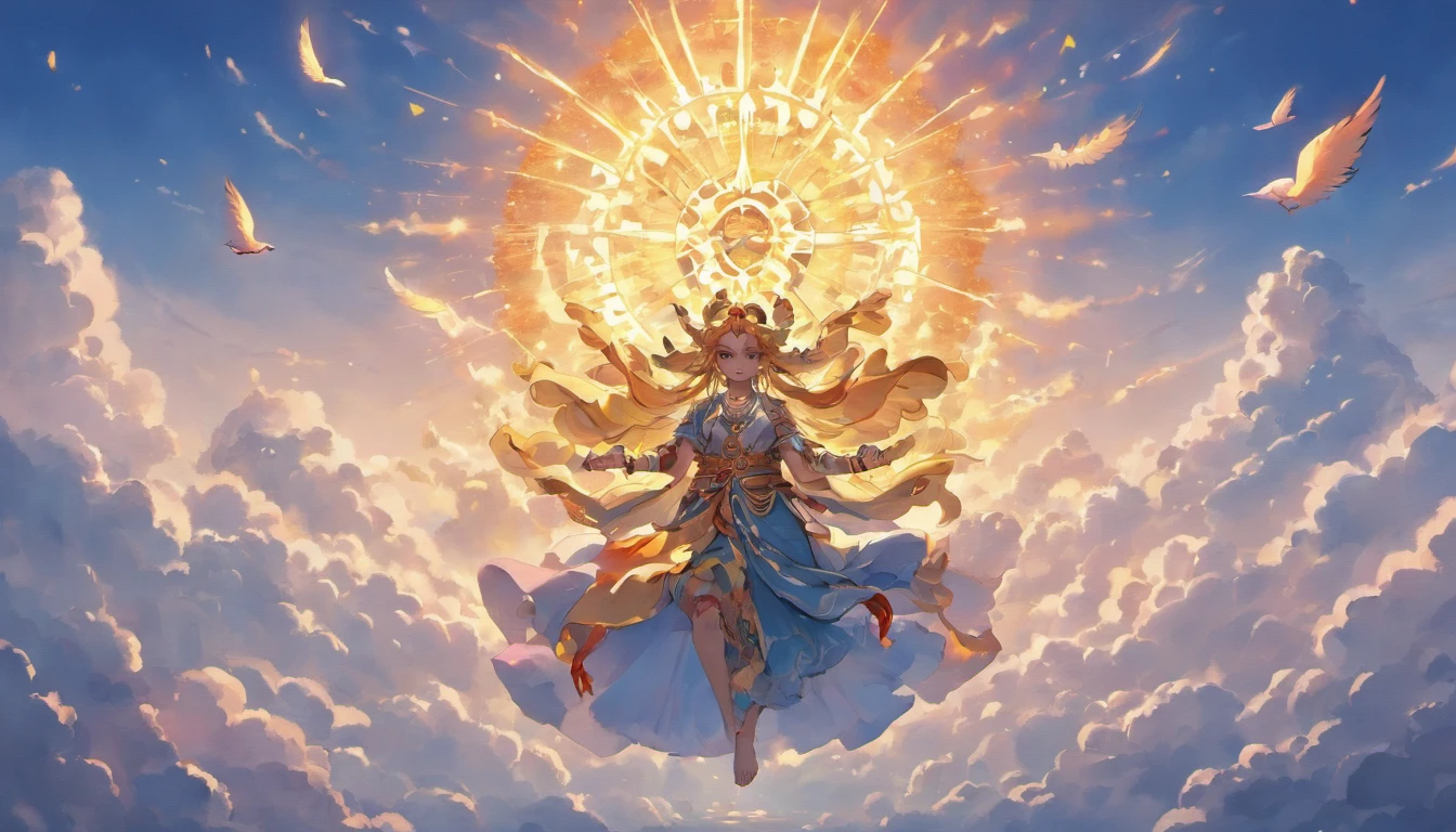 Ganesha, floating in the air, holding weapons,cloud, sky, sun, Bird,