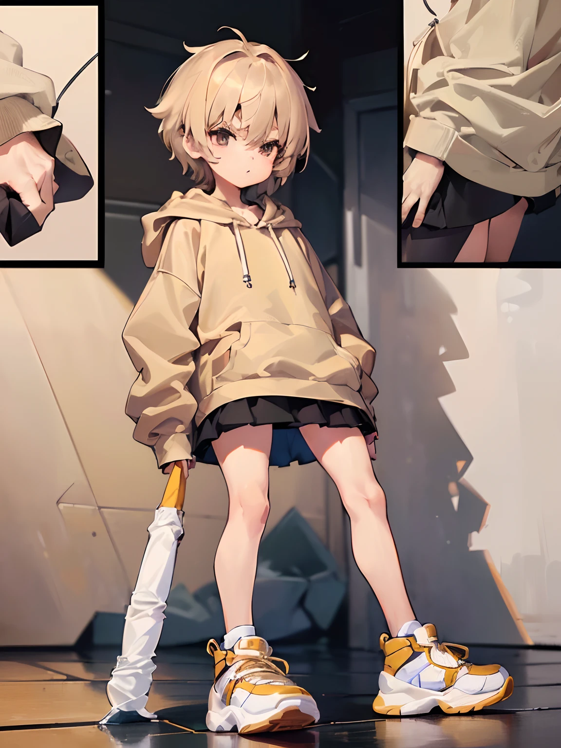 (((7-year-old boy))), ((child)), (((shota))),  very short hair, (Oversized beige hoodie), ((beige big hoodie), ((mini-skirt)), ((bare thigh)), ((thigh focus)), sneakers, A small cute boy,  ((Skinny)),   full body,  (best Quality), (Amazing Details:1.2), 8k, official art, extremely detailed CG,erection