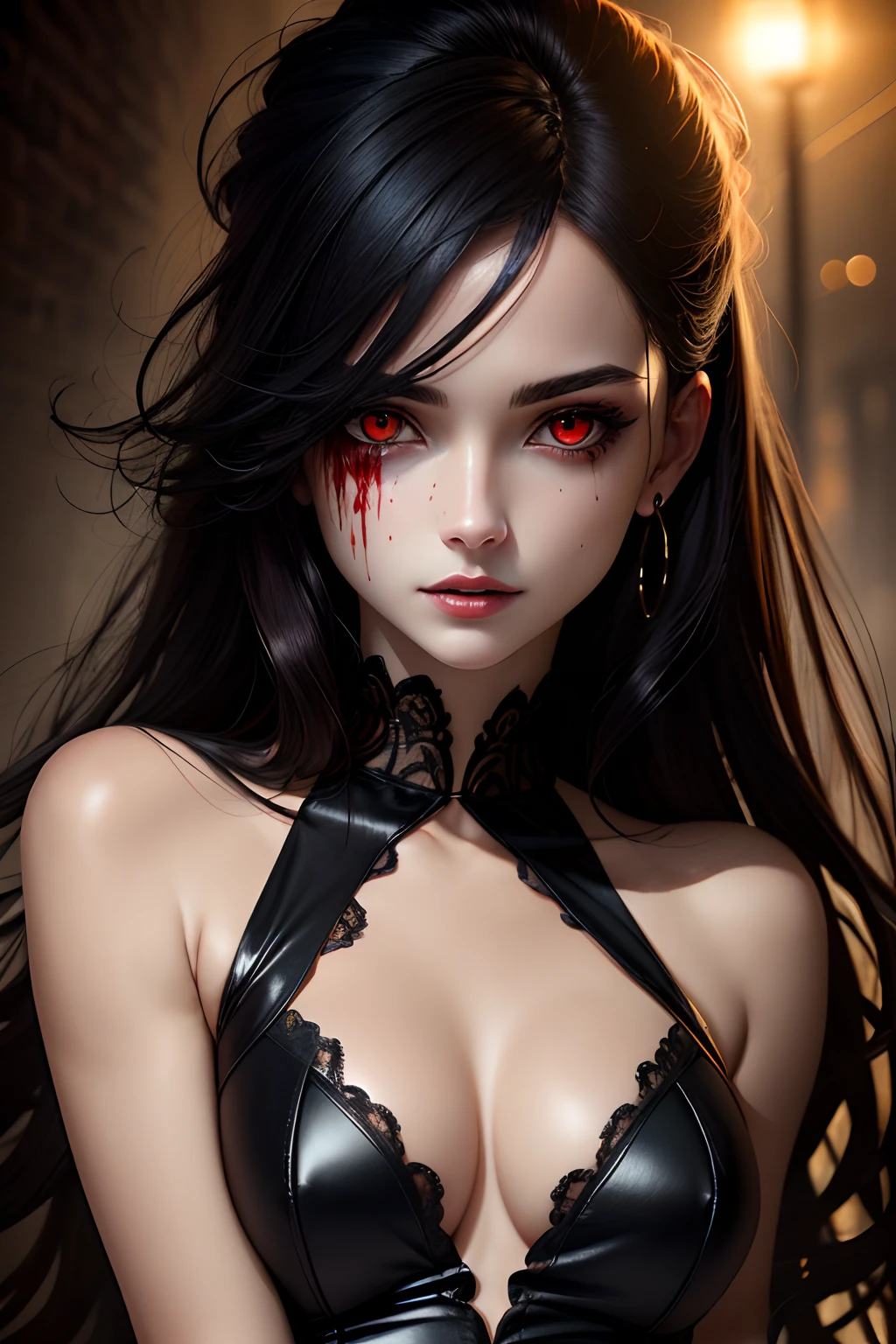 masterpiece, uhd, realistic, detailed, portrait of a pale and sickly girl, evil, very_thin:1.8, very_small_breasts:1,8, very_thin_thighs:1.8, very_pale_skin:1.5, beautiful face, decay, red glowing eyes, messy black hair, torn black gothic dress:1.3, covered in blood:1.5, dirt, fog, night, bokeh, dramatic shadows, horror, evil eyes, terror, scary, unnatural, crazed, twisted, psychotic, smeared mascara, very_pale:1.8, scrawny:1.8