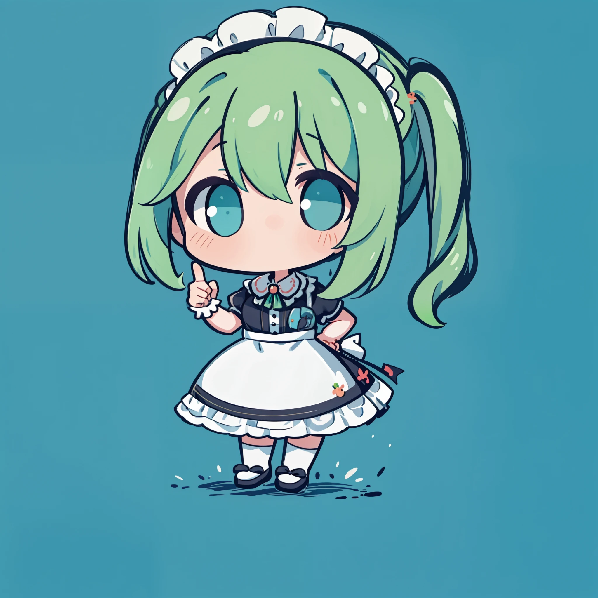 An anime character for a girl with green hair and a white dress, anime girl in a maid costume, the maid outfit，Akimbo，pointing finger，