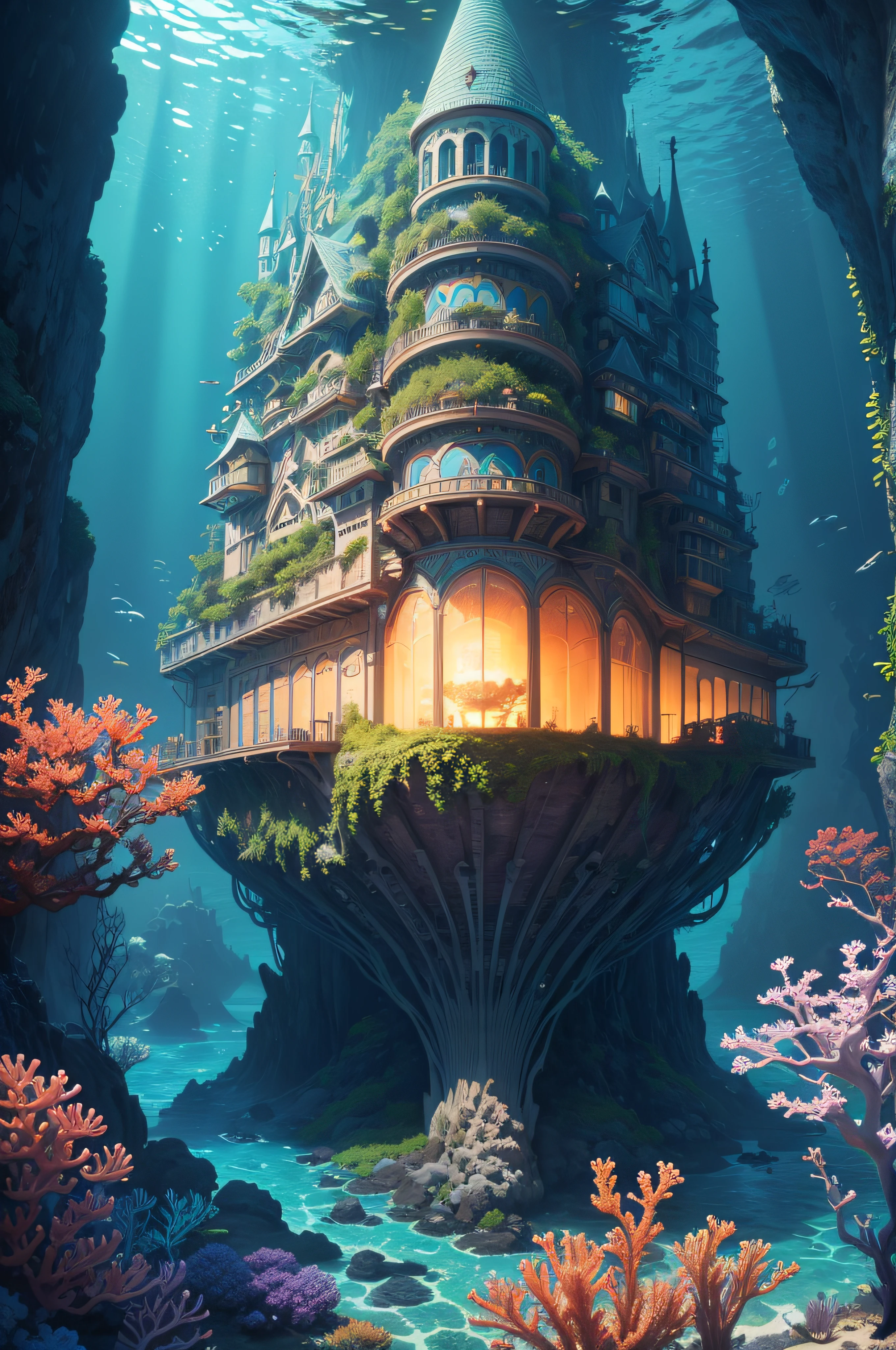 (best quality,4k,8k,highres,masterpiece:1.2),ultra-detailed,HDR,underwater kingdom,beautifully detailed castle,futuristic architecture,technological,water curtains,epic realism,photorealistic:1.37,subaquatic,sculpted marine life,luminous,crystal-clear waters,enchanting atmosphere,submerged,seabed secrets,ethereal lighting,mesmerizing colors,translucent structures,aquatic biodiversity,otherworldly beauty,marine explorers,undersea marvels,abyssal depths,advanced civilization,seamless integration of nature and architecture,serene and tranquil,underwater metropolis,submersible transportation,innovative engineering,deep-sea wonders,Triton City,underwater plant life,glimmering seascapes,holographic projections,lively aquatic creatures,vibrant coral reefs,spectacular underwater views,maritime civilization,intelligent underwater beings,UHD, masterpiece, ccurate, super detail, award winning, high details, high quality, highres, best quality,cinematic lighting, partially underwater shot, wide shot, panorama, Hasselblad