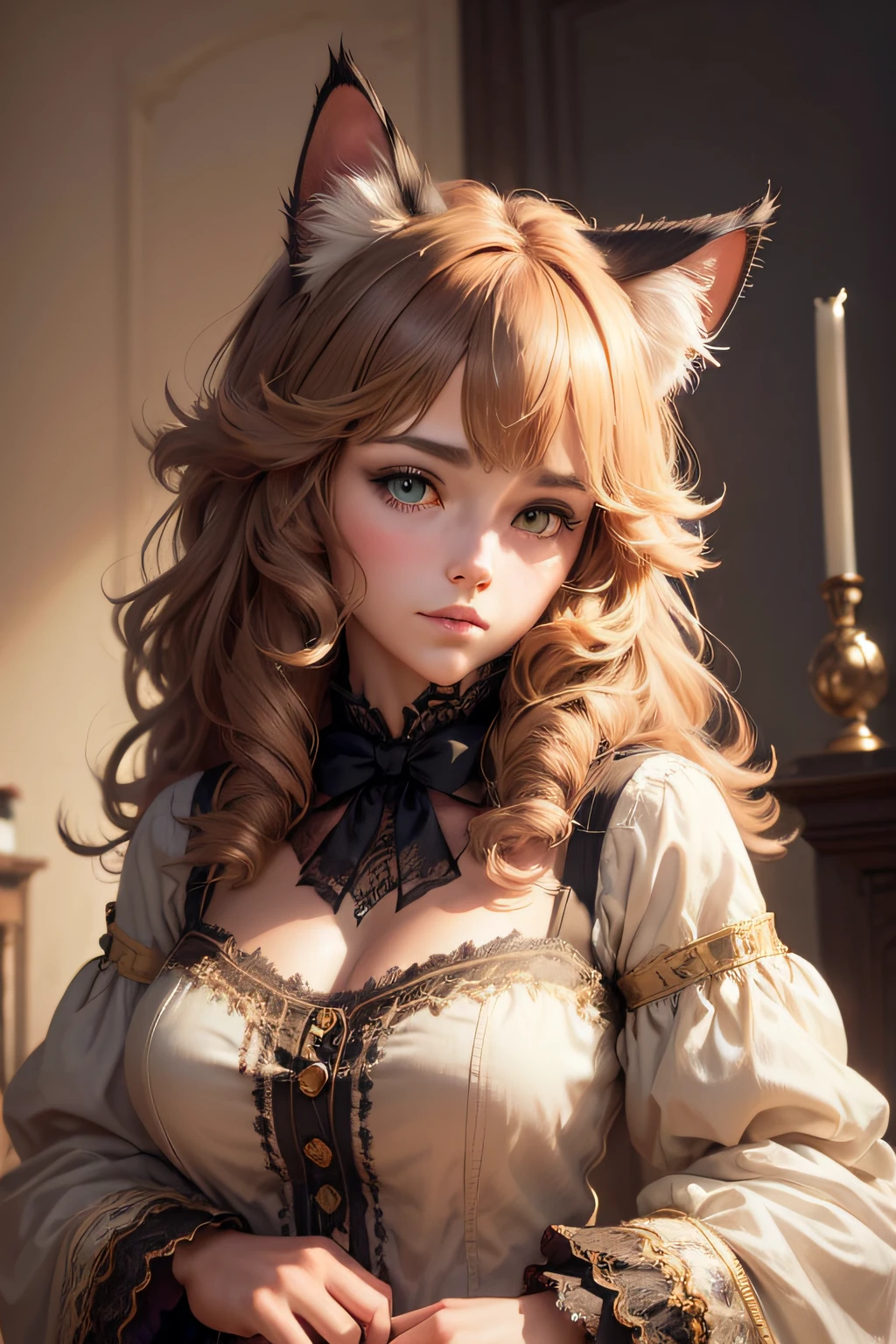 very young slim fit girl, full height, rounded face, very long disheveled dark brown hair, big brown eyes, sluty smile, perfect flat breast, band on head with fake cat ears, sweetlolita, parororo