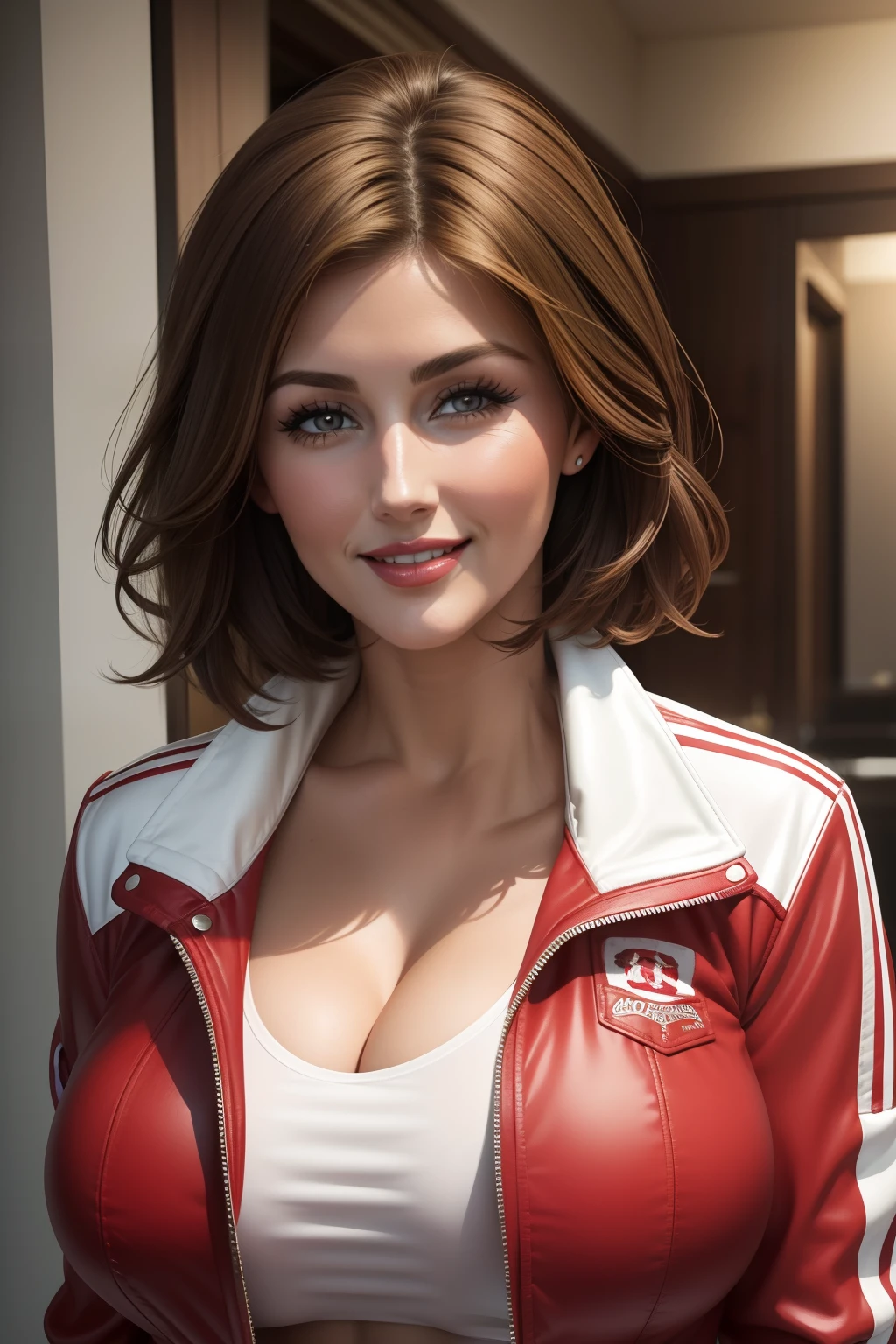 lucy pinder, face portrait, smiling, cleavage, short hair, brown hair, white t-shirt, red jacket, red lipstick.