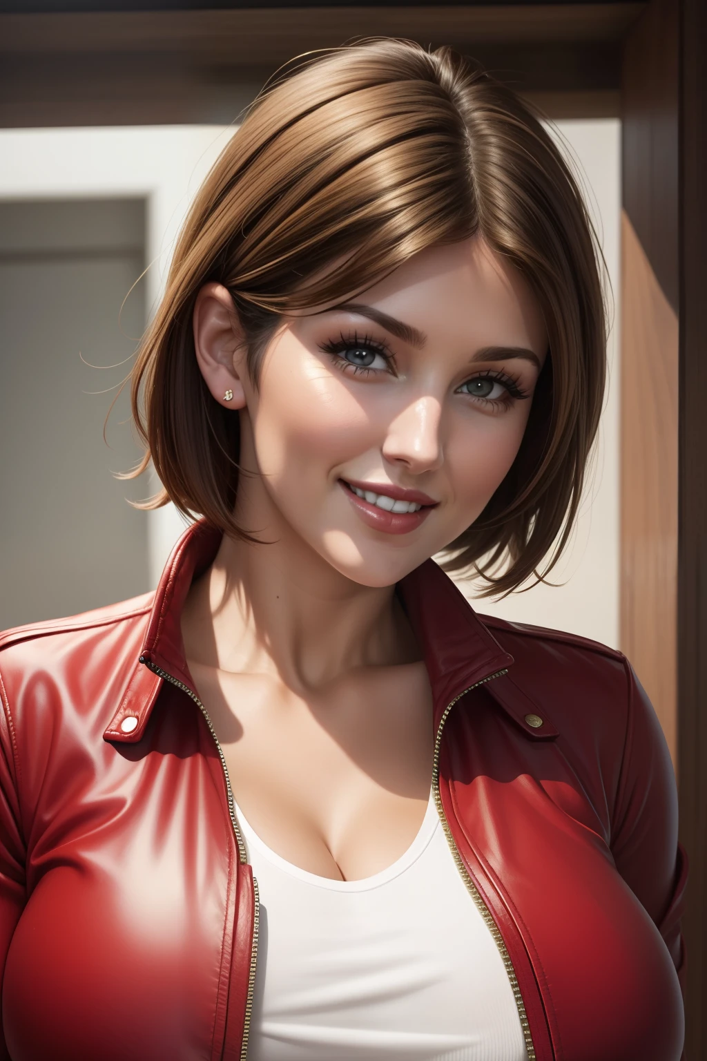 lucy pinder, face portrait, smiling, cleavage, short hair, brown hair, white t-shirt, red jacket, red lipstick.