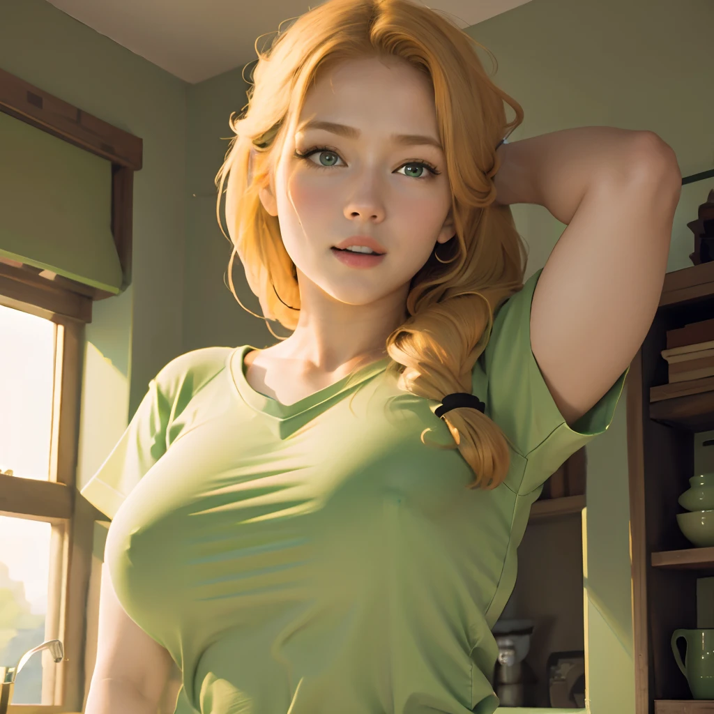 1 girl, alex minecraft, adult, huge breasts, indoors, masterpiece, high quality, close up, bright colors, happy, lifting shirt up, green shirt