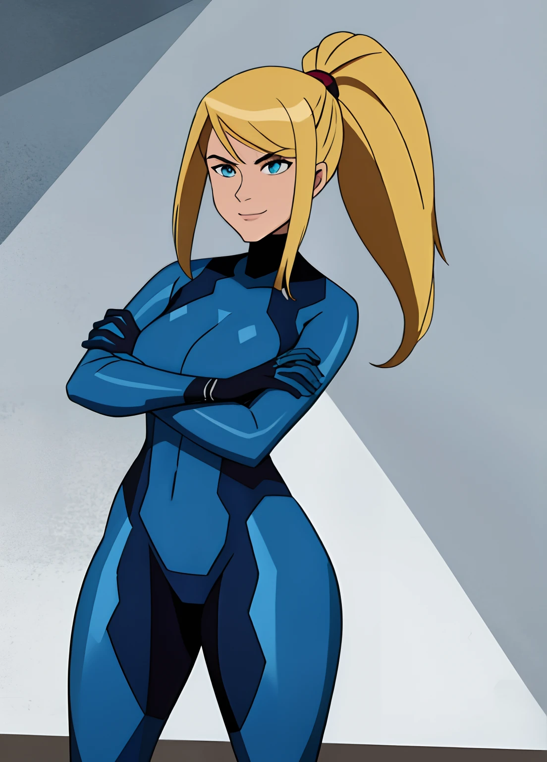 samus aran, ponytail, hair tie, blue gloves, ((blue bodysuit)), high heels (masterpiece, best quality:1.4), (modern days), (cowboy shot), 1girl, solo, pov, stunning girlfriend, (standing:1.1), elegant face, beautiful face, highly detailed face, highly detailed skin, medium breast, smug smile, looking at viewer,16k hdr, curvy, crossed arms, ben10af,wide hips, leaning against wall, 25 year old woman