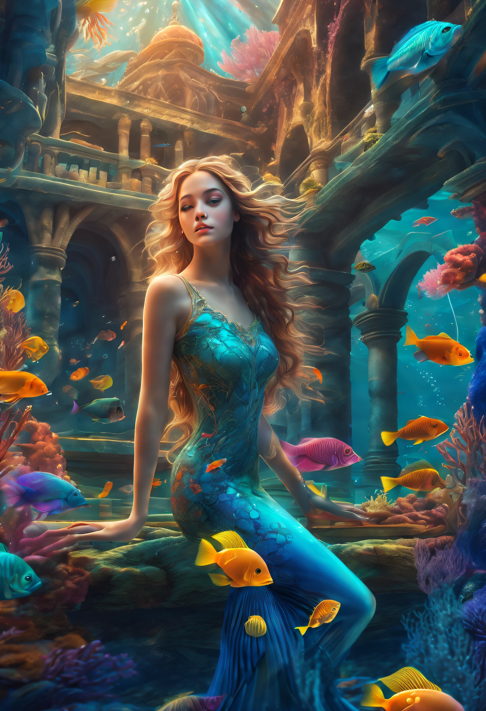 "(best quality,8k,highres,masterpiece:1.2),ultra-detailed,beautiful girl underwater surrounded by colorful fish,coral reefs,soft and ethereal ocean depths,gentle sunlight illuminating the scene"