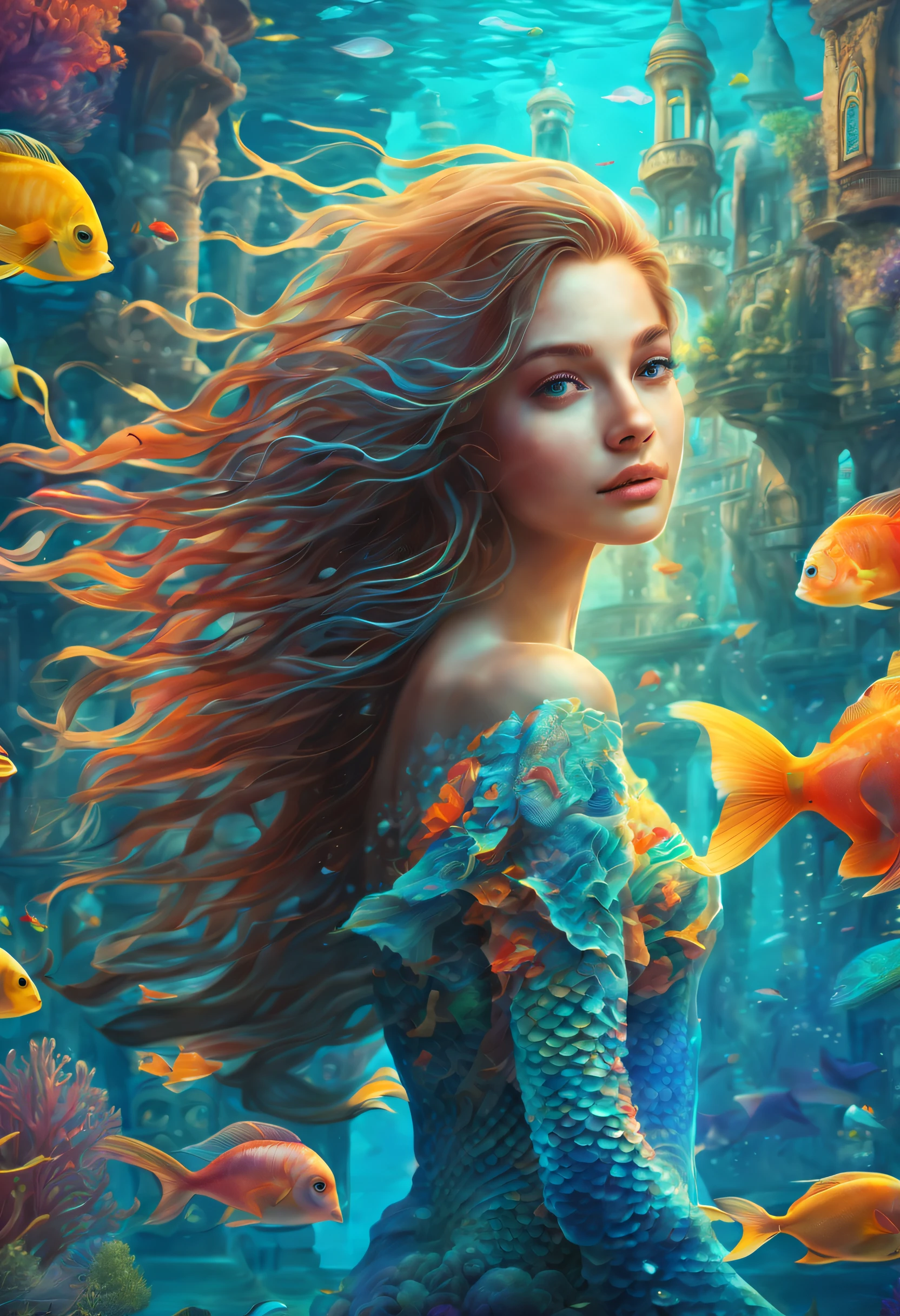beautiful detailed girl in an underwater city, mesmerizing underwater view, vibrant marine life, colorful corals and fishes, shimmering sunlight, exquisite details of girl's flowing hair, mermaid-like tail, magnificent architecture, surreal atmosphere, dreamy and ethereal art style, vibrant and saturated colors, captivating lighting, best quality, ultra-detailed, realistic
