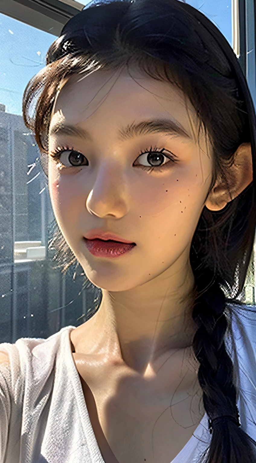Best Quality, Masterpiece, Ultra High Resolution, (Realistic: 1.4), Original Photo, Wallpaper, Head Photo, Skin, Simple Background, Black Eyes, Detail, Selfie, 1 Girl, 18 Years Old, Breeze, Sunshine, Classroom, Question,