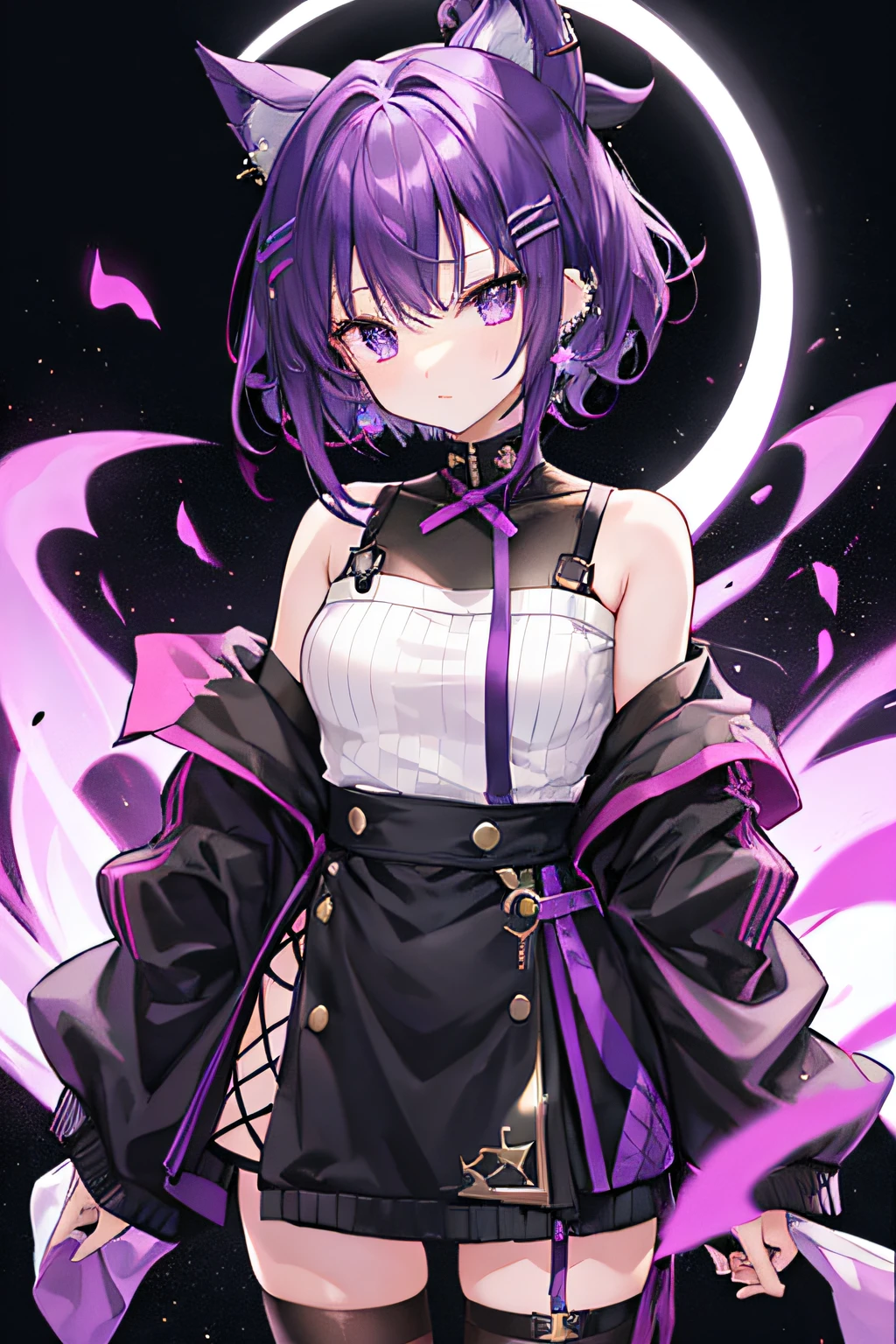 high-level image quality、Purple hairstyle、girl with、short-cut、Left purple、Right Black Odd Eye、Yellow mesh with black hairpin on right hair、piercings、Sweaters、Moe Sleeve、cute little、thin、Yancha