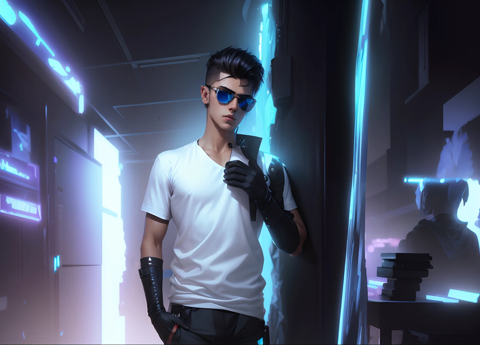 Change background cyberpunk handsome boy, Realistic face ,change dress to stylish dress, keep stylish sun glasses, hands in sylish position,change into sylish hair,slimling, 8k,ultra realistic