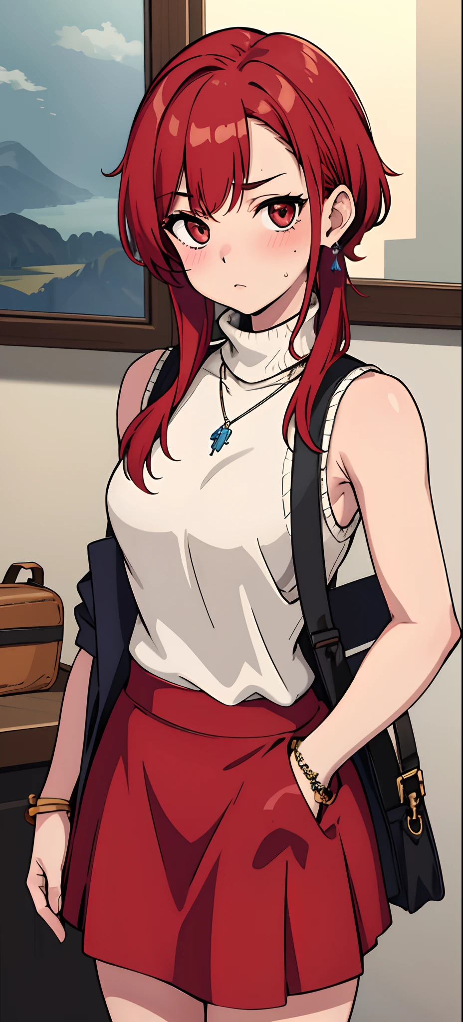Masterpiece, Best quality, Pisif, Cowboy shot, Red hair,
1girll, Breasts, Blush, Sleeveless,jewelry, view the viewer, Skirt, necklace, Solo, bag, Sweater, Turtleneck, sleeveless turtleneck, Jacket, Sleeveless sweater, Long skirt, Medium hair, 手拿手提包