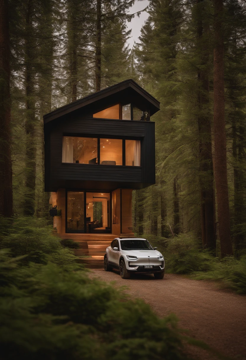realistic image of a couple of modern self-sustainable tiny houses, set in a mostly wooded setting, with a Tesla truck in one of the driveways.