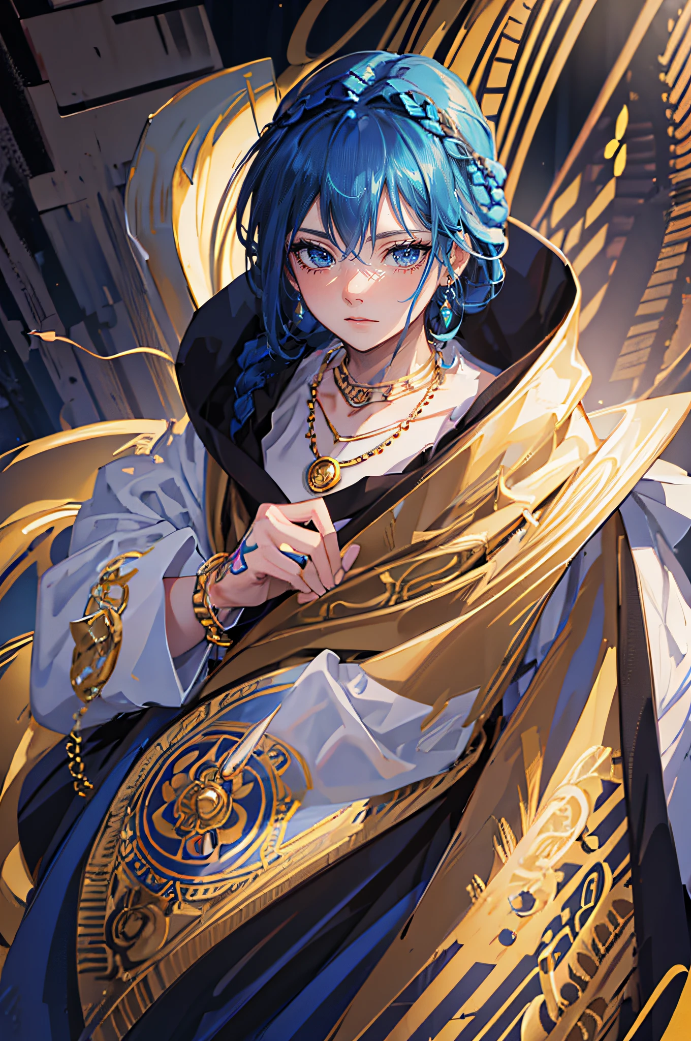 masterpiece, best quality, (((1male))), (colorful),(finely detailed beautiful eyes and detailed face),cinematic lighting,bust shot,extremely detailed CG unity 8k wallpaper,ddark blue hair,solo,((golden jewelry)), ((necklaces)), ((bracelets)), ((intricate tattoo)), (dark theme:1.3), light, fantasy, boy, ((dark skinned)), ((braided hairs)), blue eyes, (((brown skin))), ((detailed hands)), Beautiful glowing skin