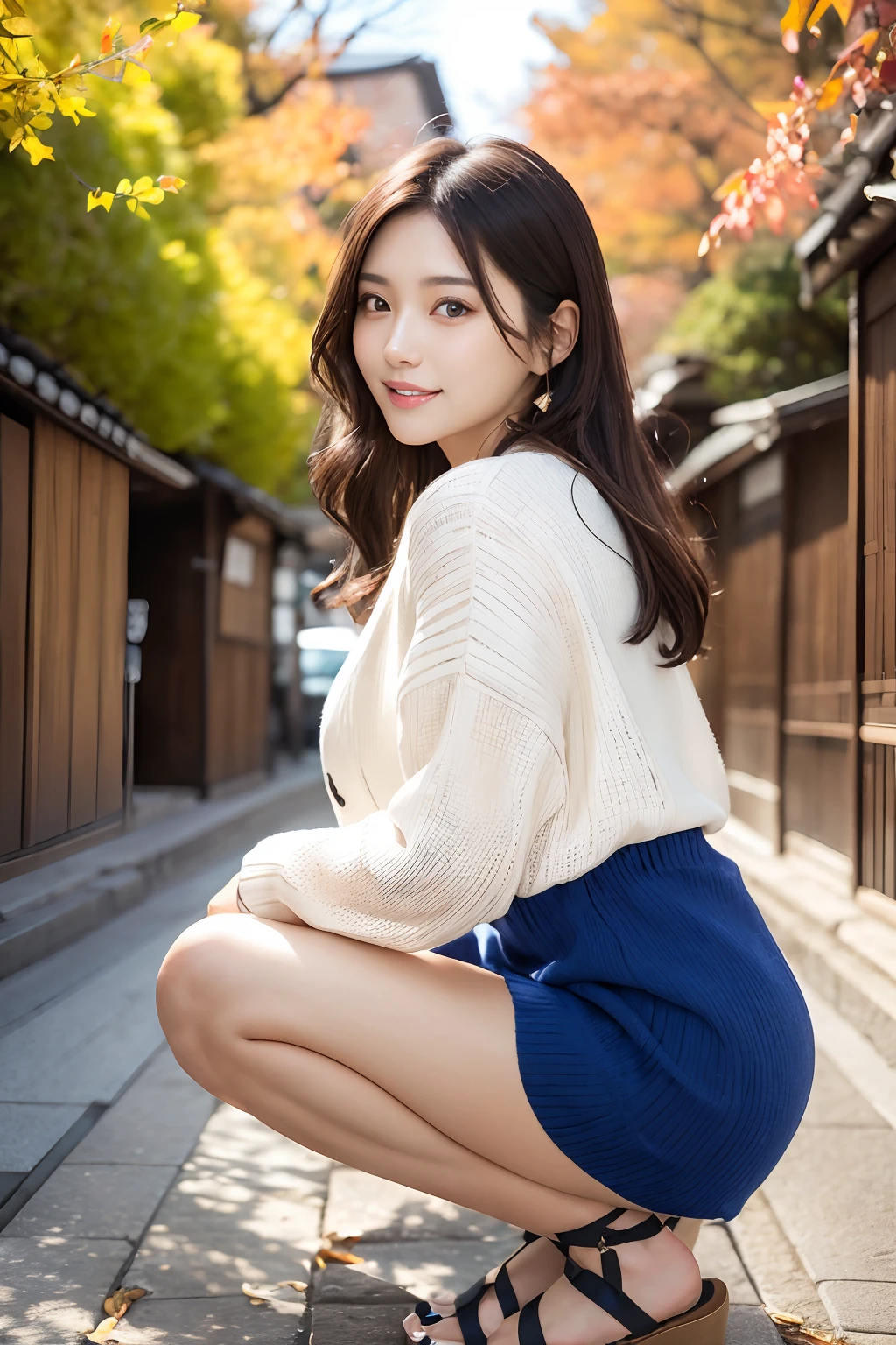 (masutepiece:1.3), High resolution, ultra-detailliert, the Extremely Detailed CG Unity 8K Wallpapers, Realistic, Photorealsitic, Raw photo, (beautifull detailed face), pale skin, Realistic skin, Detailed Cloth Texture, detailed hair texture, super model, Beautiful face, acurate, Anatomically correct, Highly detailed face and skin texture, Natural neck length, (Beautiful hands), (Fair skin:1.2), thin legs, Thin feet, Sexy thighs,
BREAK,
Detailed eyes, Symmetrical eyes, Brown eyes, Double eyelids, Thin eyebrows, (Glossy lips:1.4), (Gentle smile:1.2),
BREAK,
(a very pretty girl:1.3), (Wearing a white knitted long coat over a royal blue sweater dress:1.2), (strap sandals),
medium large breasts, (firm breasts, nice shaped breasts, Slender figure:1.1),
(Layered hairstyle, dark brown hair, Wavy Hair), (Medium Long Hair:1.2),
BREAK,
(squat with your chin lifted and your legs closed:1.2), (In the ginkgo tree avenue:1.2), ((Autumn foliage scenery:1.3)),
((Japanese「kyoto」in the「Lanshan」で:1.2)), (upperbody shot:1.2), ((Looking at Viewer:1.2)), ((from the front side:1.3)),