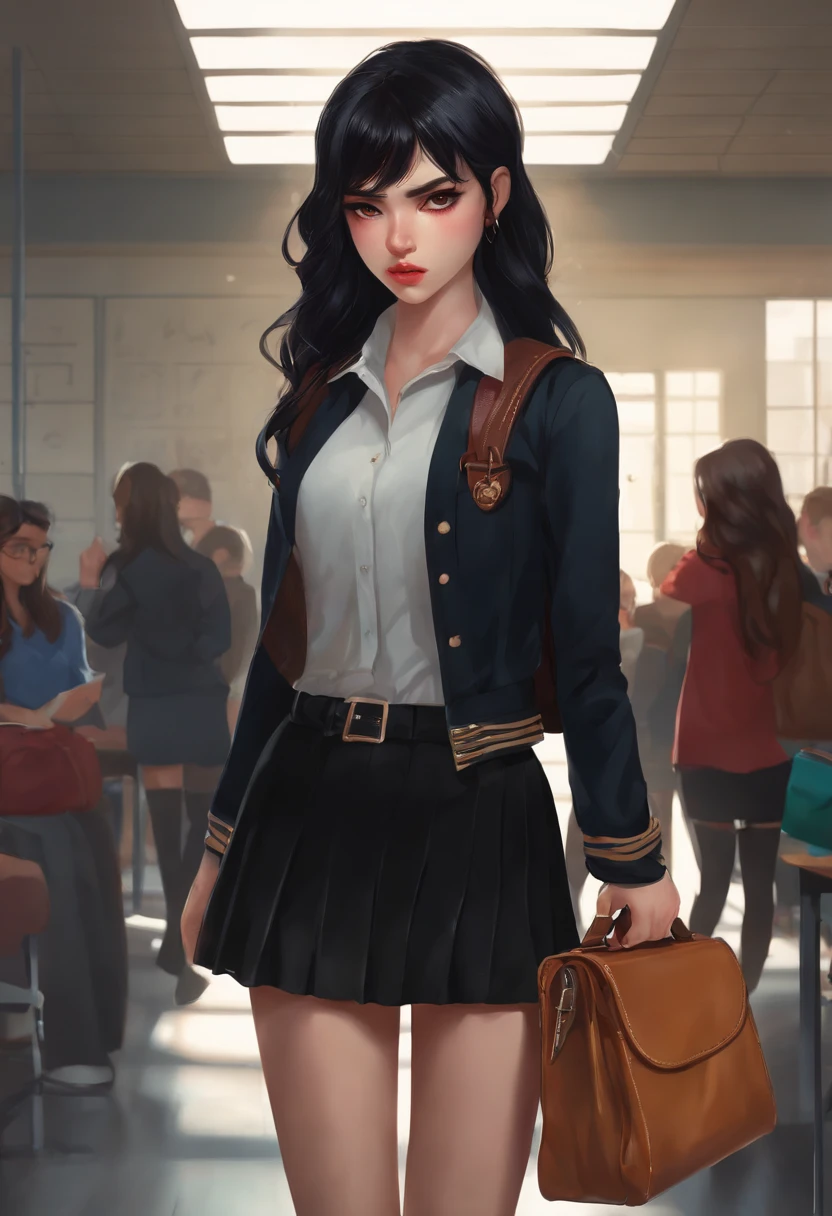 At school, a girl, frontal, long black hair, black short skirt, bag, angry, abusive, super detailed, 4k