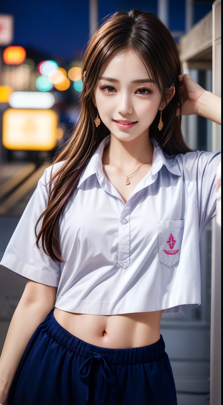 10, master-piece, RAW photo, bestquality, photorealistic portrait, extremely detailed cg unity 8k wallpaper, Depth of Field, cinematic light, lens flare, ray tracing, (Very beautiful face., beautiful lips, beautidul eyes), Intricate facial details, ((ultra-detailed skin)) 1girls, In the dark, Deep Shadows, Beautiful Korean Girl, K-pop idol, 1 girl, (Very slender body.:1.3), ((looking at the audience)),(big smile:1.3), (Blue sweatpants), (Sweatpants), (midnight, dark night, (neon sign), (blurred background), dim lighting), (With no one behind it.:1.3), Beautiful earrings, bracelets, necklace, tights, Clear eyes, walk , Front Shot, (pale skin), (s big eyes), Facing Forward, (full-body-shot), ((Hot pink silk shirt)), (Brown fur), (Blue gym shirt), Open the navel., (looking at the audience:1.3) Very thin, mediuml breasts, ((camel toes)), thick thighs,masterpiece, best quality, ultra realistic, hyper-detailed, 8k resolution, RAW photo, sharp focus, (2 girl in coffee shop), ((navy shirt:1.1)), short sleeves, long trackpant, perfect body, 2 mature female, 18yo, cinematic light