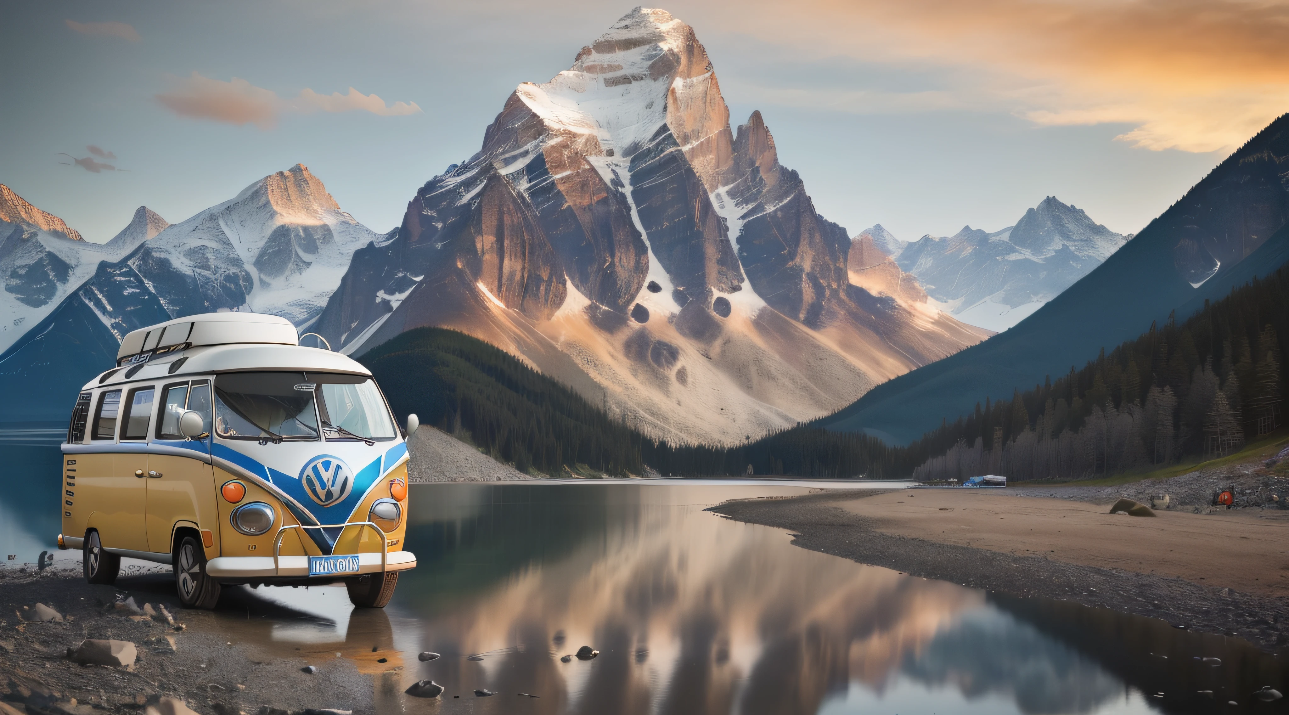 mountain, lake, Volkswagen Kombi blooms (16k, best quality, Hdr, best resolution:1.4, RAW photography) (centerpiece: 1.2), bokeh, realistic photography, Canon 5d