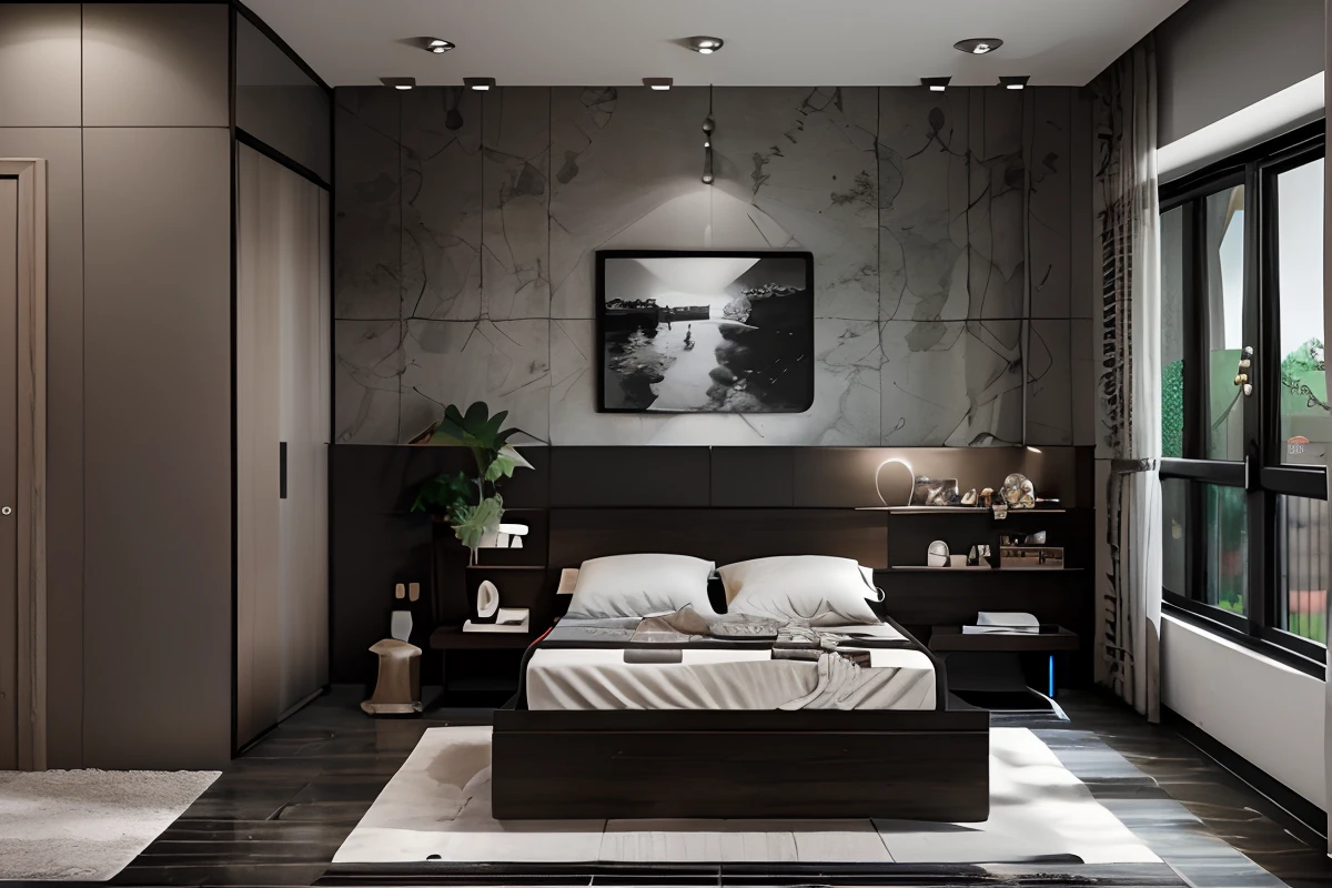 bedroom, luxury, modern,(Minimalist:1.2), soft light, lamp, (black wall), black tile floor, bedside table, large glass door, potted plant, main dark color, RAW photo, Masterpiece, high quality, best quality, ultra super realistic, super detailed, 8k high quality, detailed, colorful analog photo, masterpiece, photorealistic, vibrant color film, masterclass, heavy (film grain),