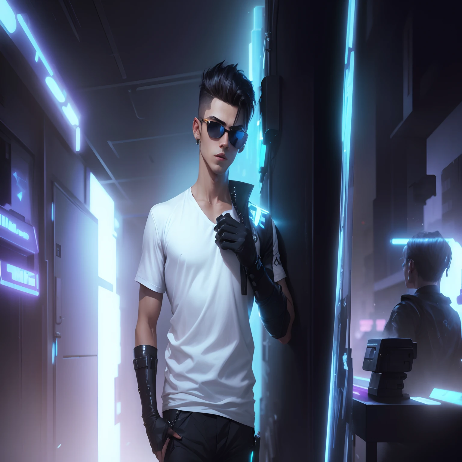 Change background cyberpunk handsome boy, Realistic face ,change dress to stylish dress, keep stylish sun glasses, hands in sylish position,change into sylish hair,slimling, 8k,ultra realistic