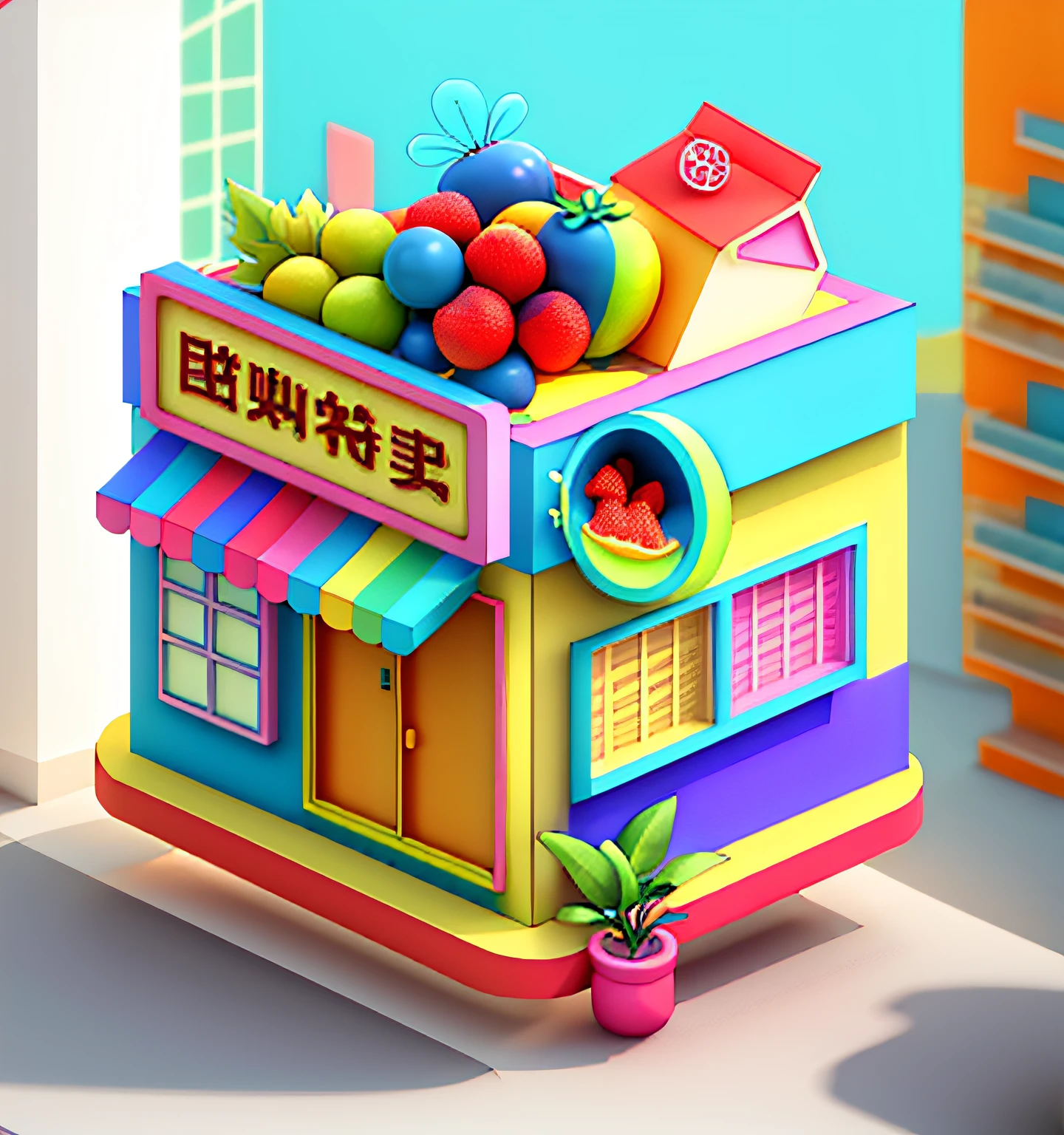 Colorful architecture，Illustration style，Colorful three-dimensional fruit，Signboard，3D architecture，Delicate