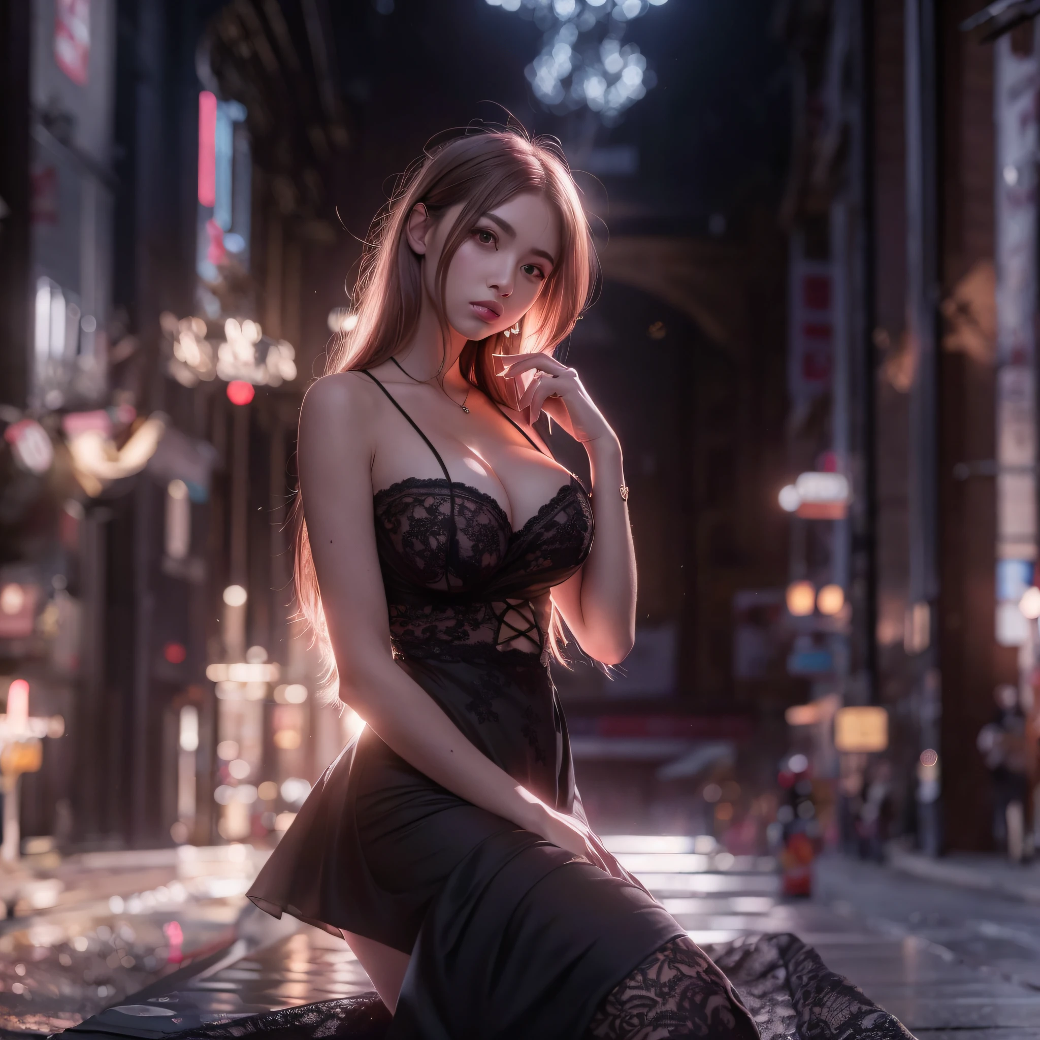 Masterpiece, RAW photo,photorealism,high resolution,best quality,high definition, perfect composition, perfect face, perfect body, 16K,Cinematic lighting,Art styles, Volumetric lighting, Global Illumination, Best Quality, Highly detailed, 8K, depth of fields, girl in black dress, Big Breast, cleavage