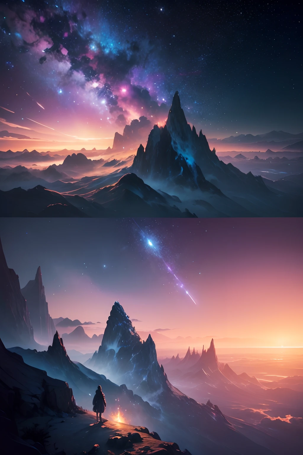expansive view,starlit sky,majestic mountains,glittering stars,shimmering galaxies,cosmic wonders,awe-inspiring panorama,universe unfolding,limitless expanse,astral tapestry,luminous constellations,vast horizon,picturesque landscape,ethereal ambiance,infinite depth,spectacular vista,dazzling luminosity,serene tranquility,heavenly illumination,natural wonderland,endless discoveries,mesmerizing composition,optimal clarity,(best quality,4k,8k,highres,masterpiece:1.2),ultra-detailed,(realistic,photorealistic,photo-realistic:1.37),HDR,UHD,studio lighting,ultra-fine painting,sharp focus,physically-based rendering,extreme detail description,professional,vivid colors,bokeh,landscape,horror,anime,sci-fi,photography,concept artists,celestial palette,celestial glow,star-filled horizon,luminous moonlight,celestial symphony,magical atmosphere,stellar majesty,lustrous nebulae,celestial embrace,star clusters,celestial hues,distant galaxies,intergalactic voyage