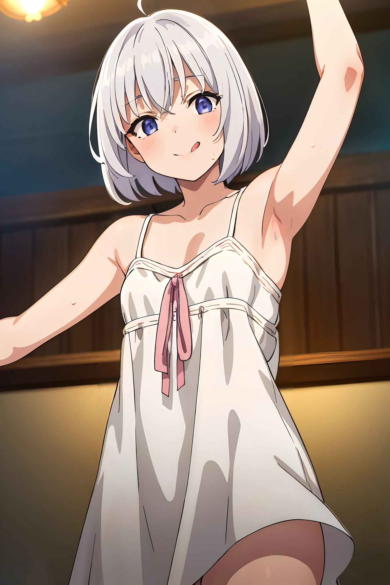 elaina,elaina\(nightgown\), (masterpiece:1.6, best quality), shiny hair, short hair, shiny,looking at viewer , happy,indoors,depth of field, armpit sweat, sweaty armpits, tongue out, spreading armpit