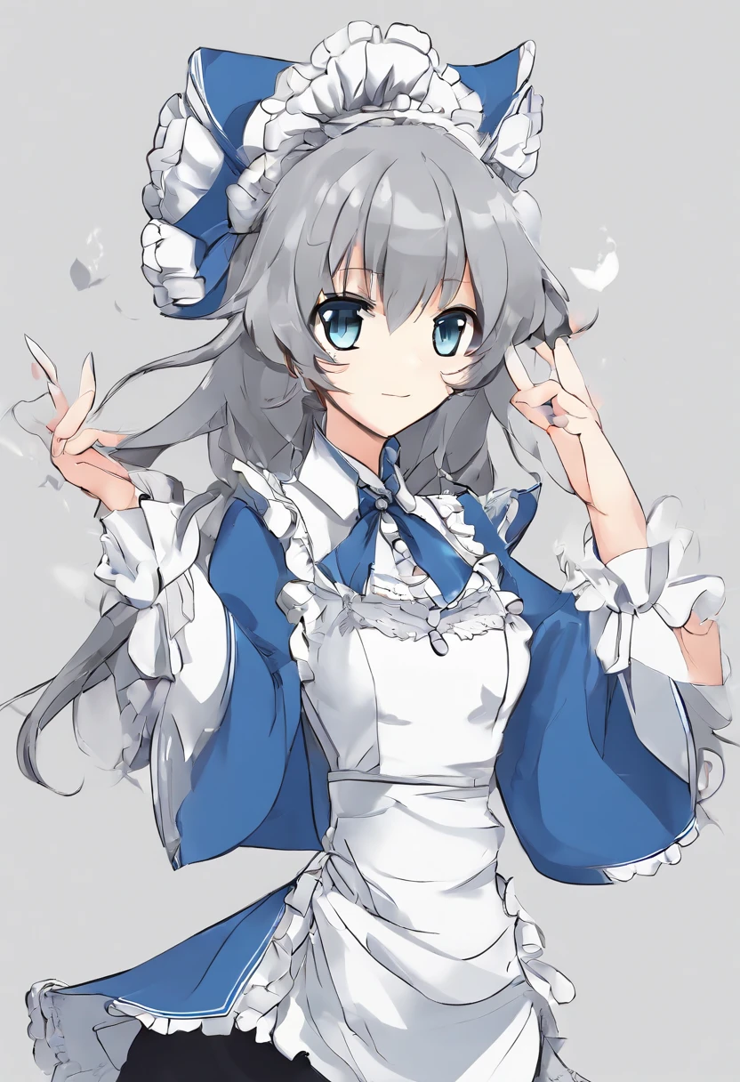 ((16 nights Sakya)), ((touhou project)), cosplay, 20 yo woman, (((gray hair)), ((medium-spiky hair)), ((Blue maid's outfit)), ((white blouse)), Midchest, (Light)))), (the pose))), (photorealistic photo: 1.3), rim lighting, (high-detailed skin:1.2), 8K UHD, dslr, hiquality, High Resolution, 4k, 8K, bokeh, absurdity, Best Ratio Four Fingers and One Thumb, (real:1.3), The cutest 1 girl, Lots of knives