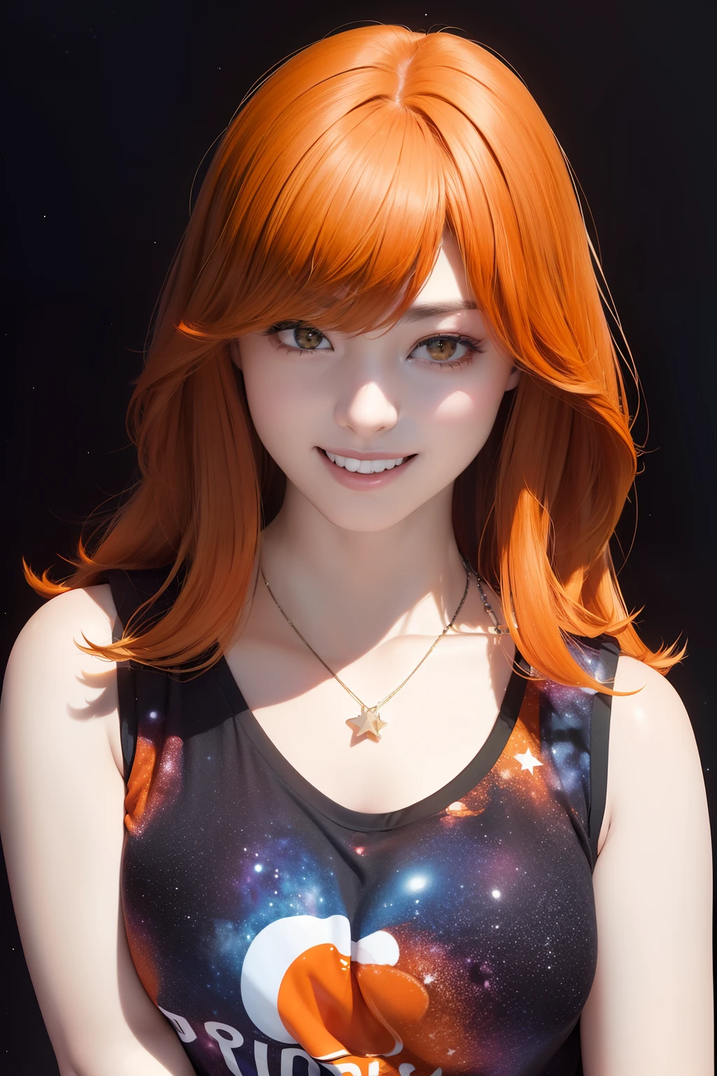 Touch your cheek with your right hand、Images that fit the entire upper body、(((Black background)))、an oil painting、​masterpiece、top-quality、hight resolution、(((Orange Medium Hair)))、(((Orange semi-long hair)))、bustshot、Have cleavage、Loose and fluffy perm、I'm bursting out laughing、(((rotＴThe shirt)))、(((Sleeveless red shirt)))、(((Open neck shirt)))、I'm having a good laugh、Laughing with open mouth、(((Galaxy print on shirt)))、(((On the chest of the clothes is depicted the universe)))、Star-shaped necklace、I have a necklace in the shape of a star、Arms crossed in front of the chest