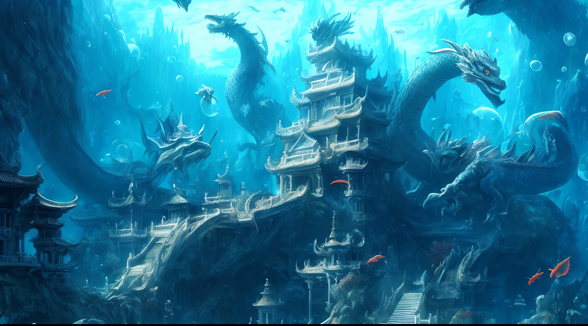 a close up of a painting of a dragon and a castle, undersea temple, highly detailed fantasy art, cyan chinese dragon fantasy, chinese fantasy, detailed fantasy digital art, detailed fantasy art, underwater temple, beautiful detailed fantasy, hd fantasy art, fantasy highly detailed, undersea temple with fish, epic fantasy art style hd, symmetrical epic fantasy art，depths-fc