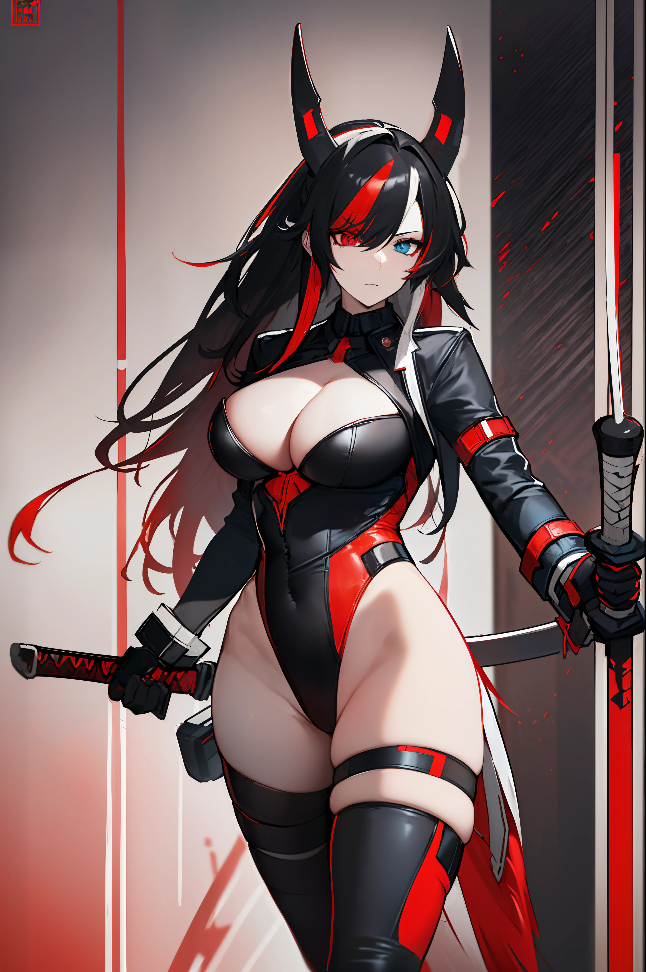 (best quality, masterpiece, anime) (solo) ((black hair:1.8), (hair with red and white highlights:1.7), (very long hair, single ponytail)), ((heterochromia_eyes_red_and_blue:1.4)), thick thighs, huge breasts, muscular, athletic, (cyborg:1.3), (robot arms:1.2), (robot legs:1.2), ((high-leg leotard:1.9), (Highcut:1.8), one-piece, red_black_outift:1.3,) cleavage)), (jacket:1.5), (headgear, horn-like devices), toned body, 1 woman, (age 26), ((holding sword:1.6, katana, glowing)), beautiful, sexy, first rate body, (Lucia_Crimson_Weave:1.3), Lucia