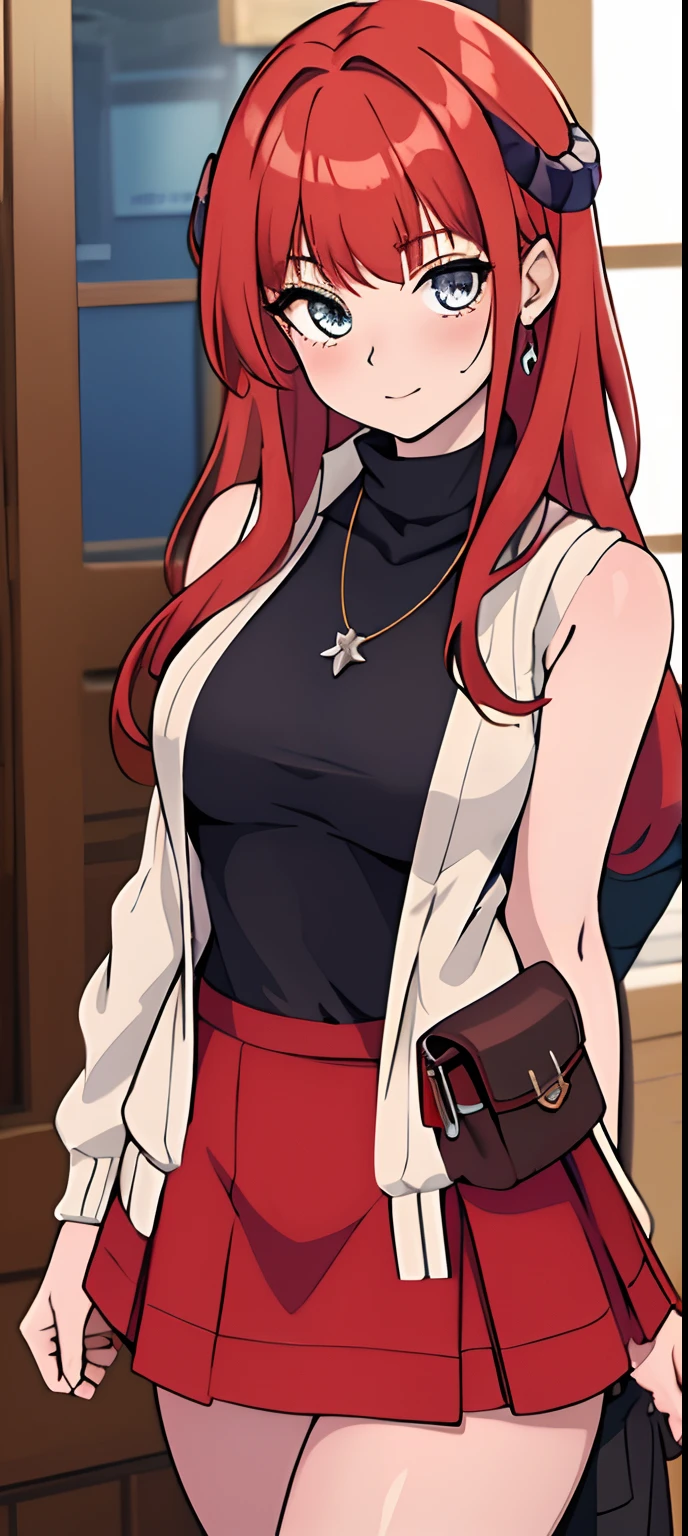 Masterpiece, Best quality, Pisif, Cowboy shot, Red hair,
1girll, Breasts, Blush, Sleeveless,jewelry, view the viewer, Skirt, necklace, Solo, bag, Sweater, Turtleneck, sleeveless turtleneck, Jacket, Sleeveless sweater, Long skirt, Medium hair, 手拿手提包