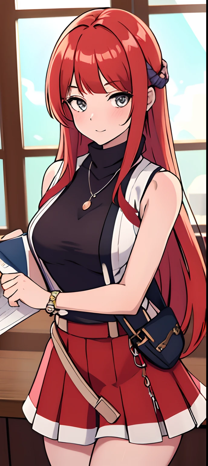 Masterpiece, Best quality, Pisif, Cowboy shot, Red hair,
1girll, Breasts, Blush, Sleeveless,jewelry, view the viewer, Skirt, necklace, Solo, bag, Sweater, Turtleneck, sleeveless turtleneck, Jacket, Sleeveless sweater, Long skirt, Medium hair, 手拿手提包