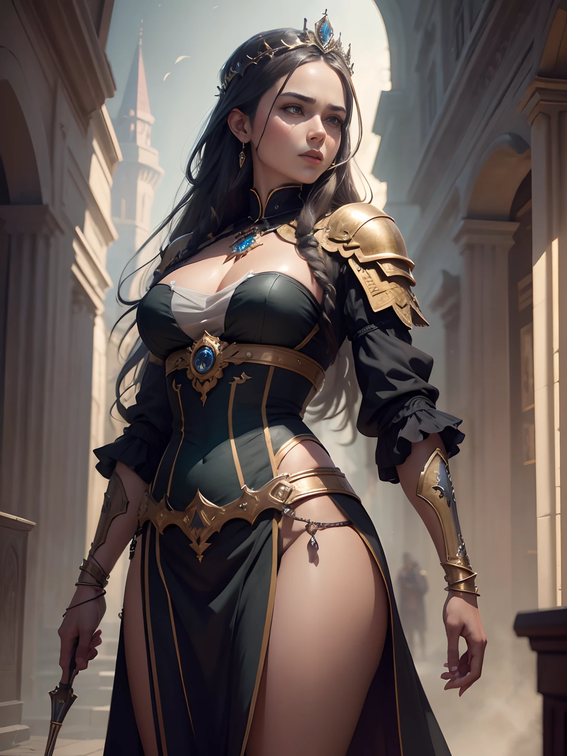 Modelshoot style, (the Extremely Detailed CG Unity 8K Wallpapers), full-shot body photo of the most beautiful artwork in the world, medieval queen, green vale, Dark skin, black woman, Golden crown, Diamonds, Medieval architecture, professional majestic oil painting by Ed Blinkey, Atey Ghailan, Studio Ghibli, By Jeremy Mann, Greg Manchess, Antonio Moro, Trending on ArtStation, Trending on CGSociety, Convoluted, high detailing, Sharp Focus, Dramatic, photorealistic painting art by midjourney and greg rutkowski